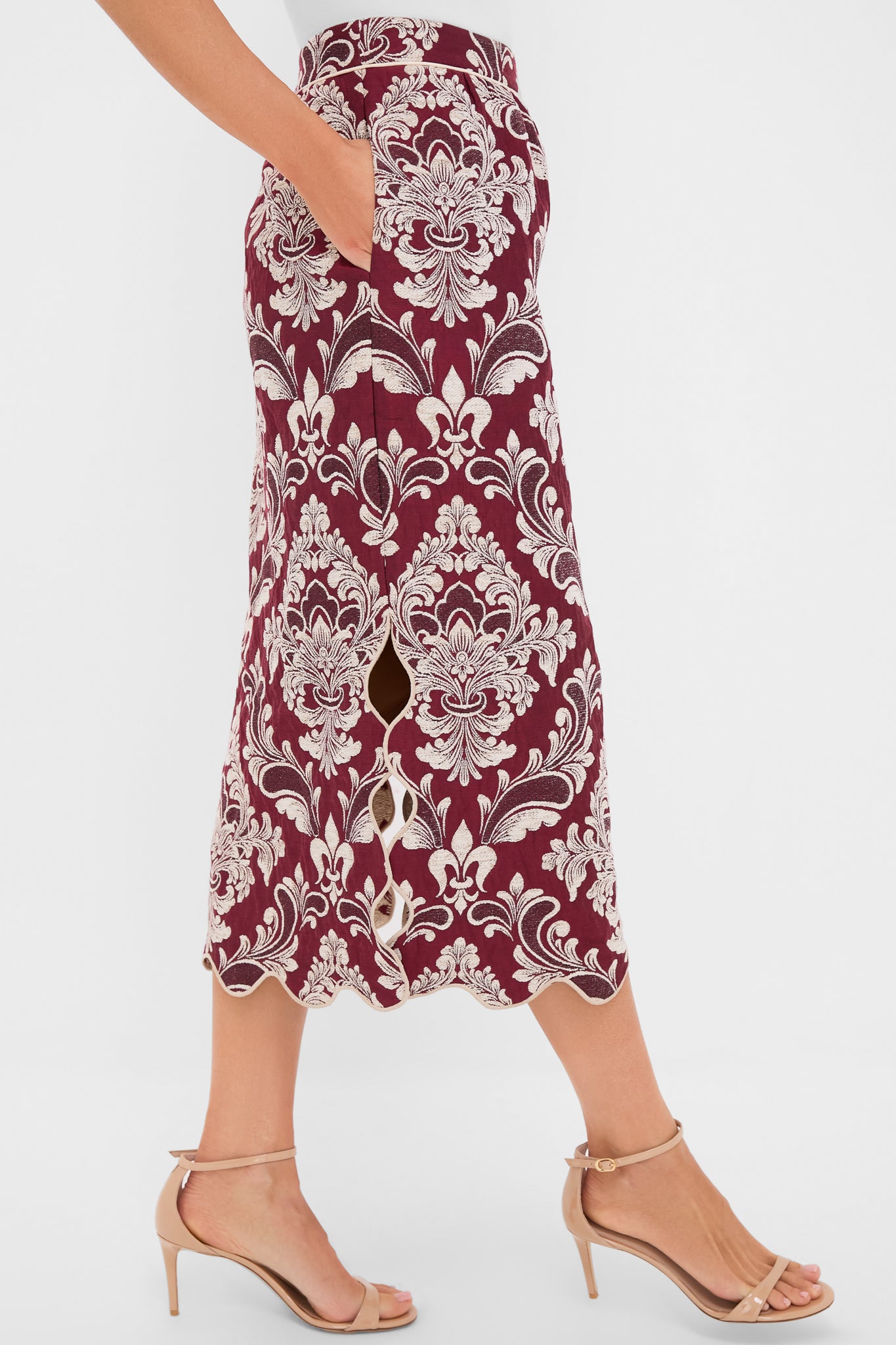 Blush Pink and Burgundy Bicolor Jacquard Waves Midi Skirt-Charming Tale Store