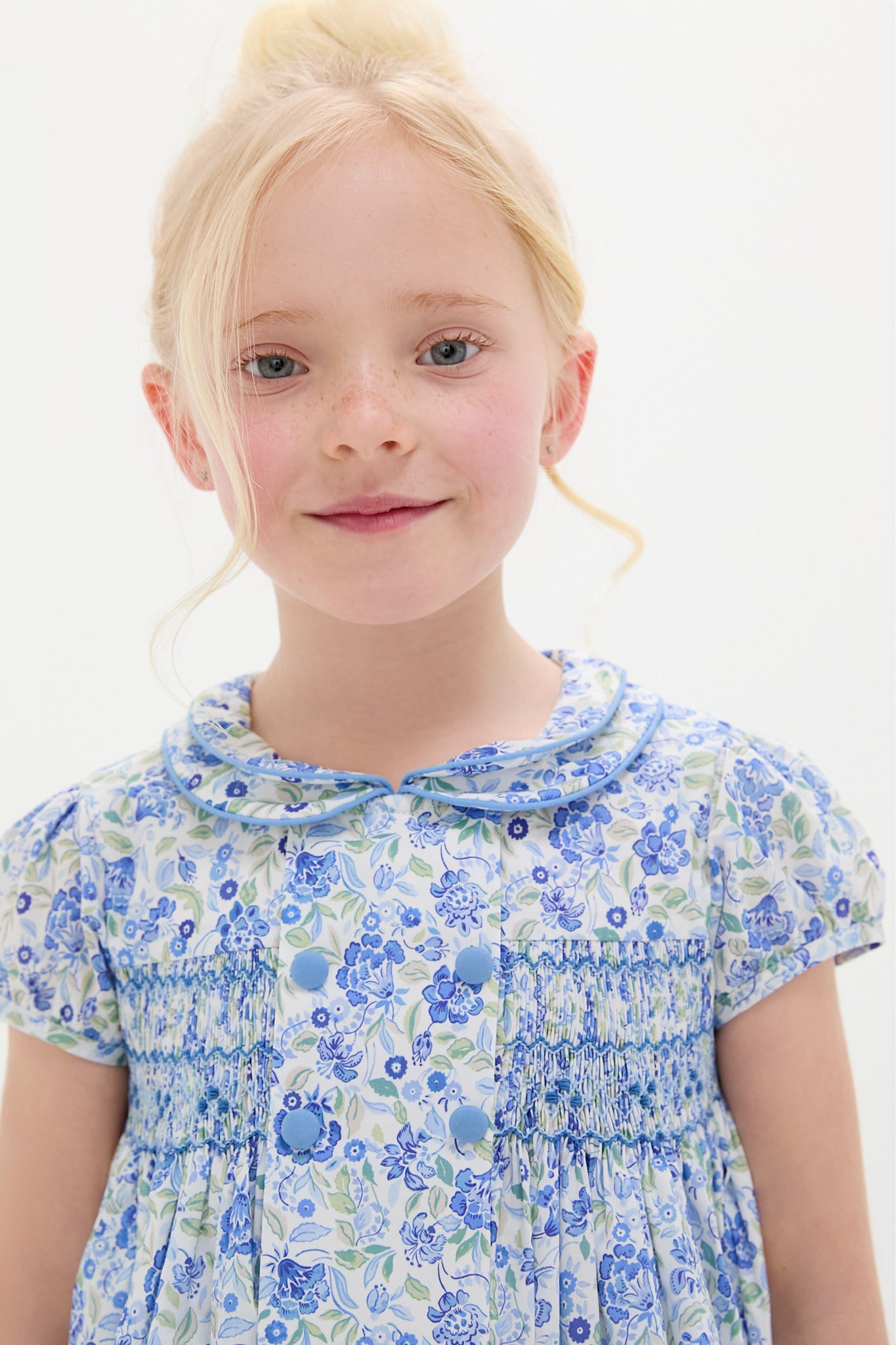 Dusty Blue Floral Arcadia Hand-Smocked Dress-Charming Tale Store