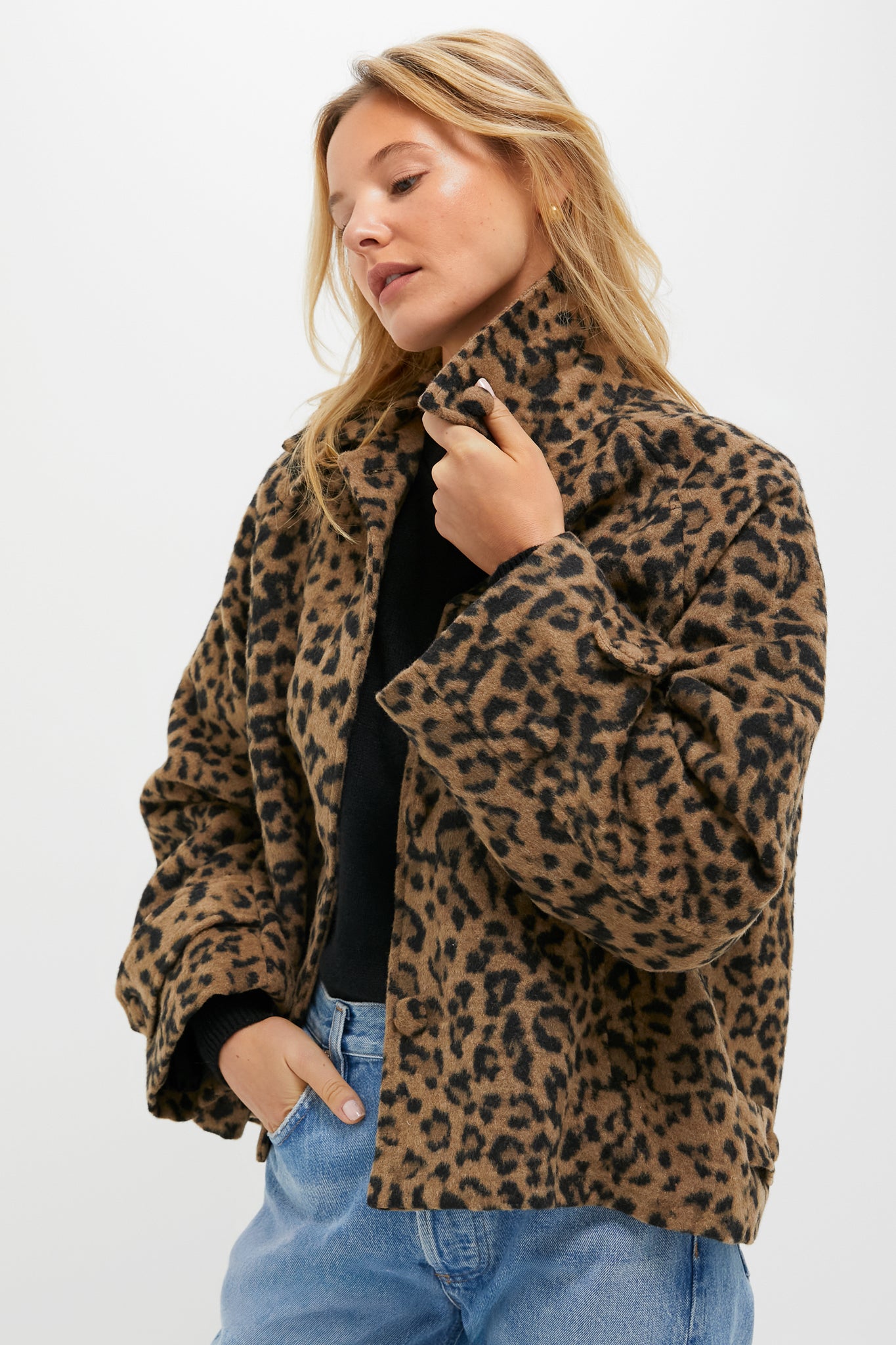 Brushed Wool Leopard Drew Short Trench Coat-Charming Tale Store