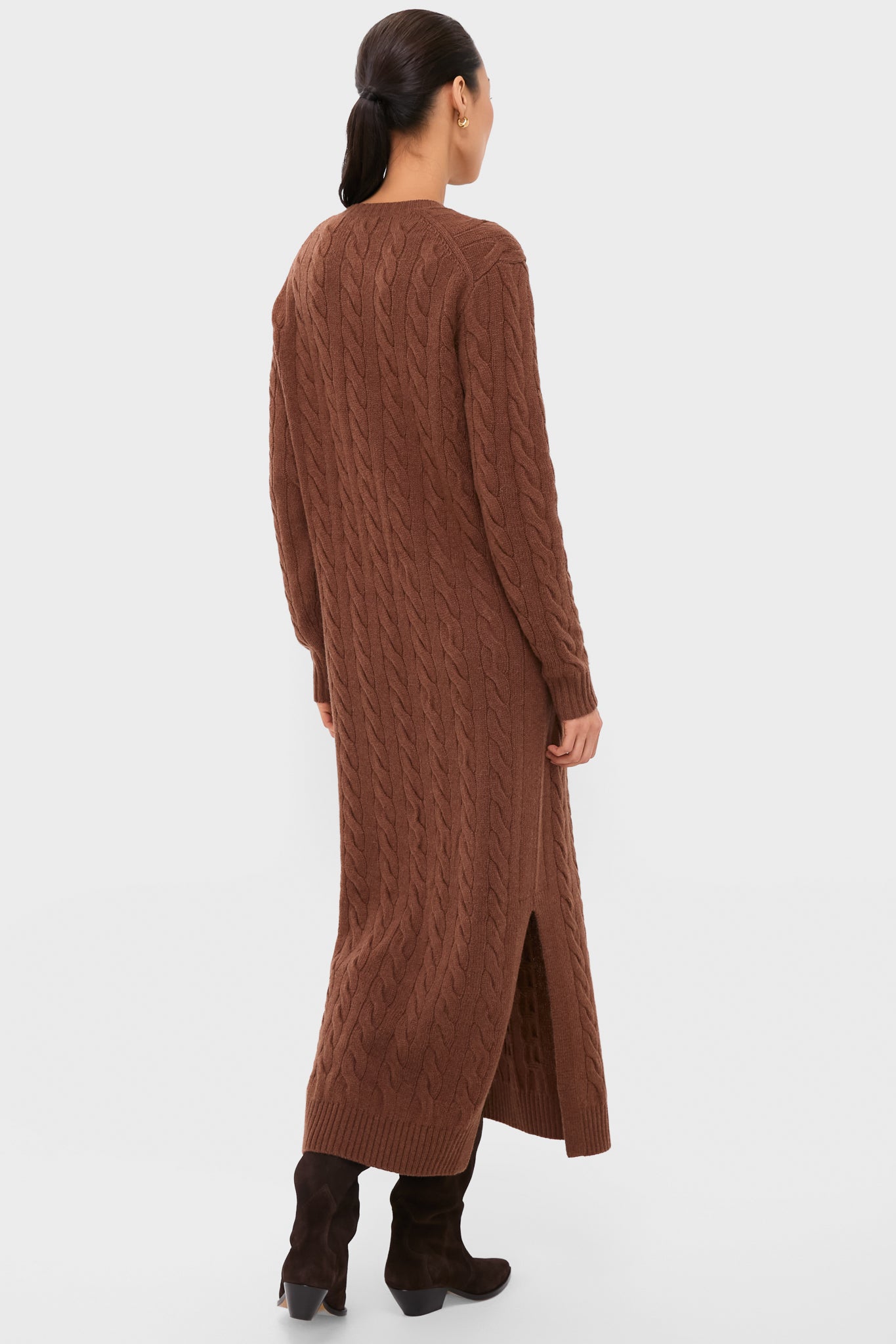 Gingerbread Brown Melange Alpaca Blend Sweater V-Neck Long Sleeve Dress-Charming Tale Store
