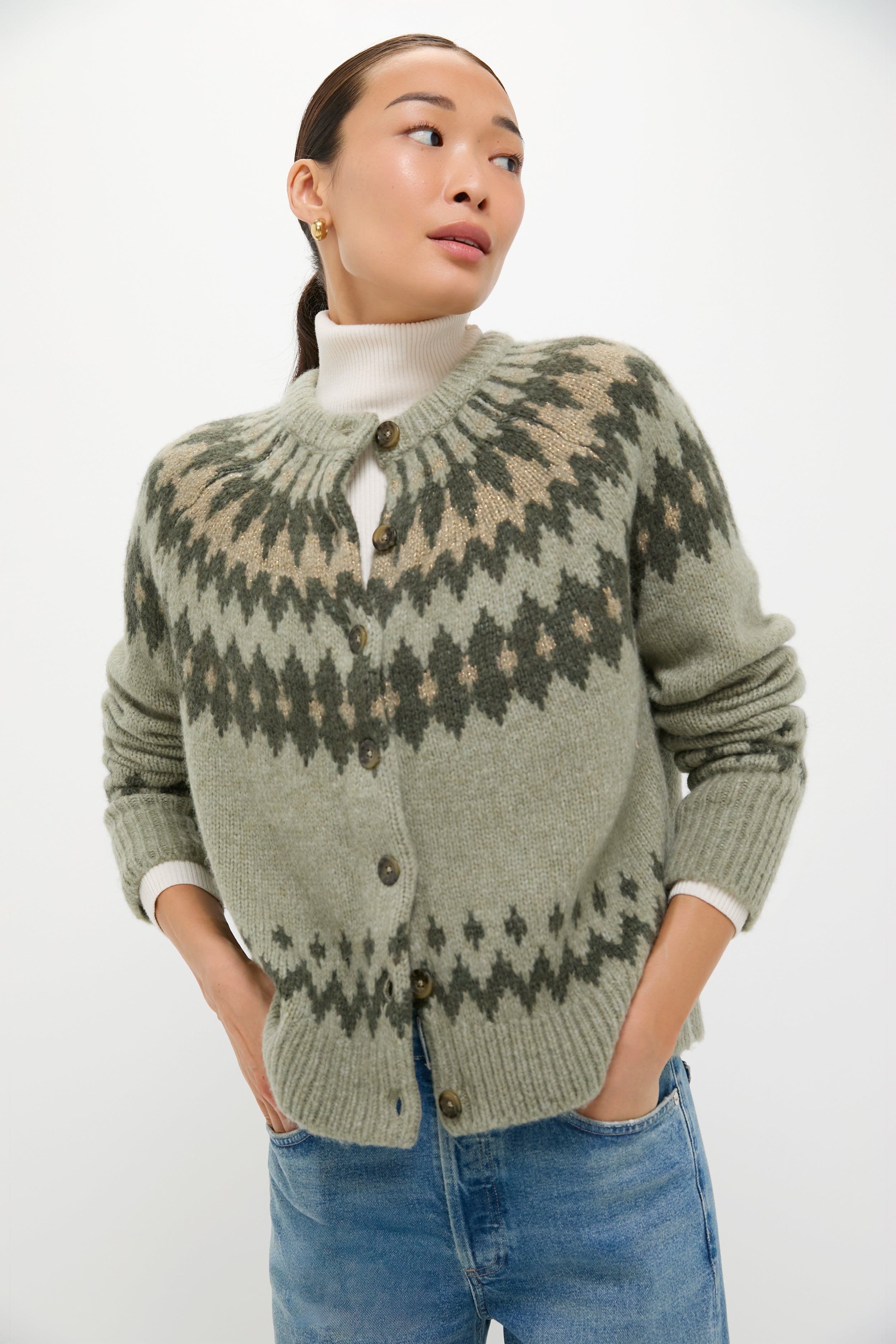 Fir Green Lurex Marlow Fair Isle Cardigan-Charming Tale Store