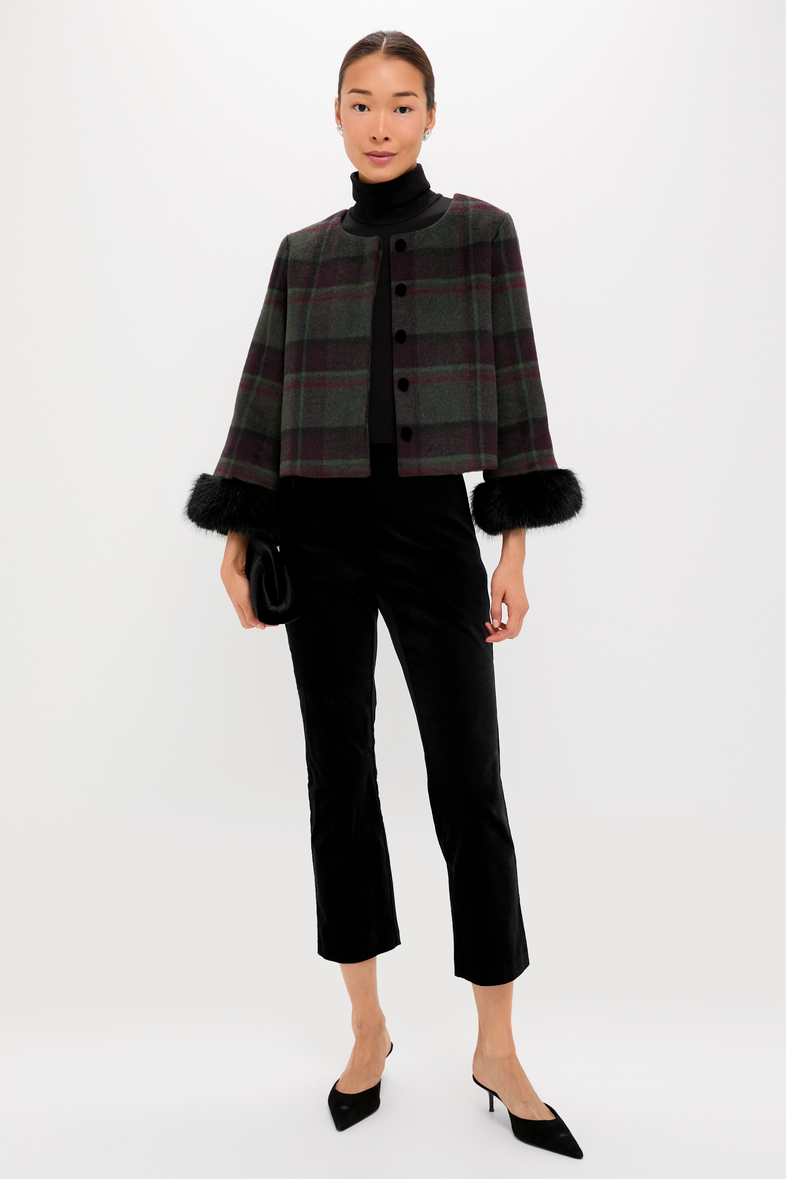 Forest Plaid Wool Fur Cuff Maxine Jacket-Charming Tale Store