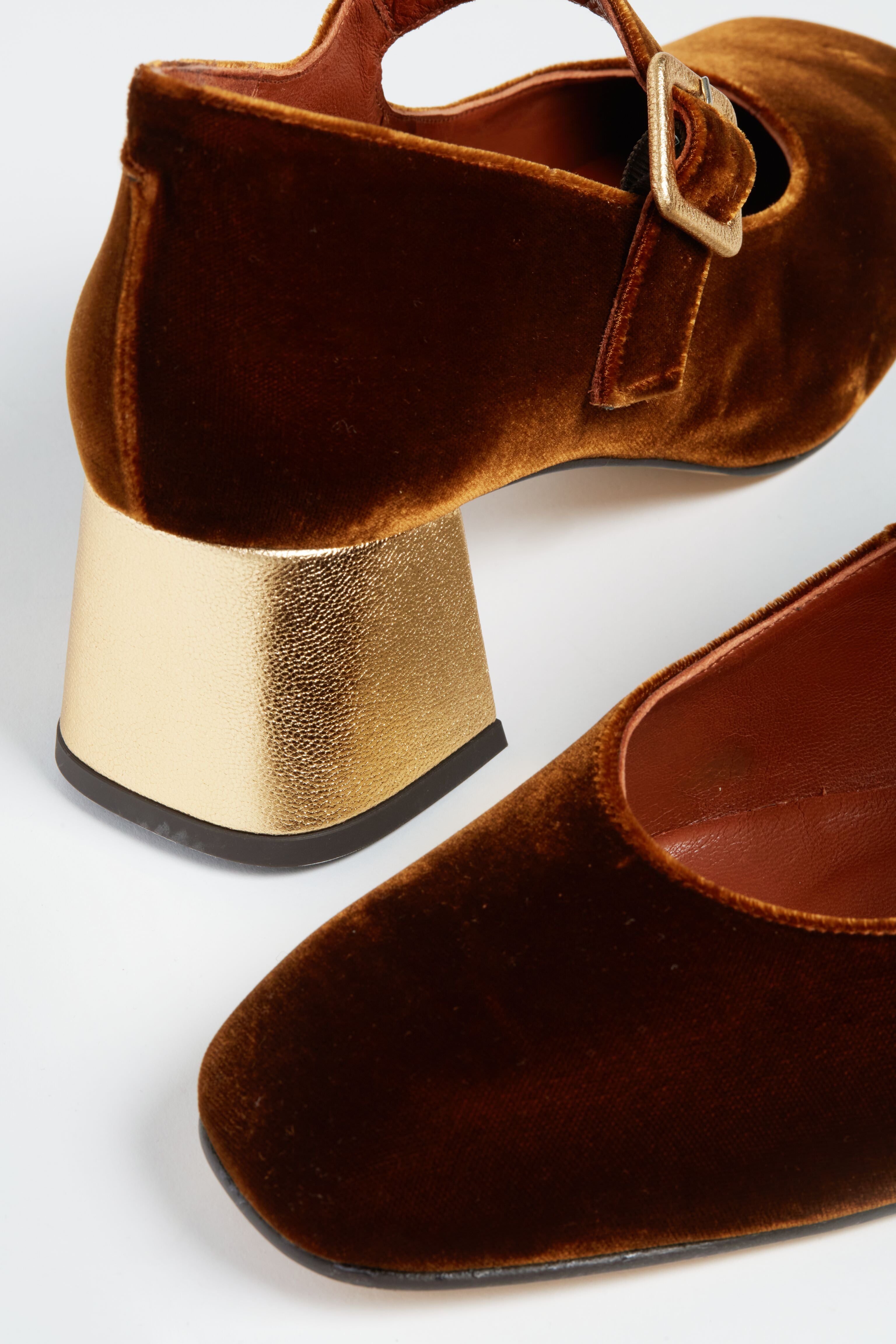 Honey and Gold Velvet Mid Mary Janes-Charming Tale Store