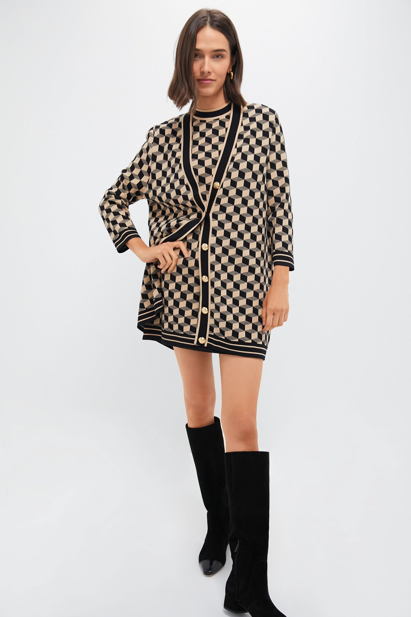 Onyx and Camel Knit Geo Liv Cardigan-Charming Tale Store