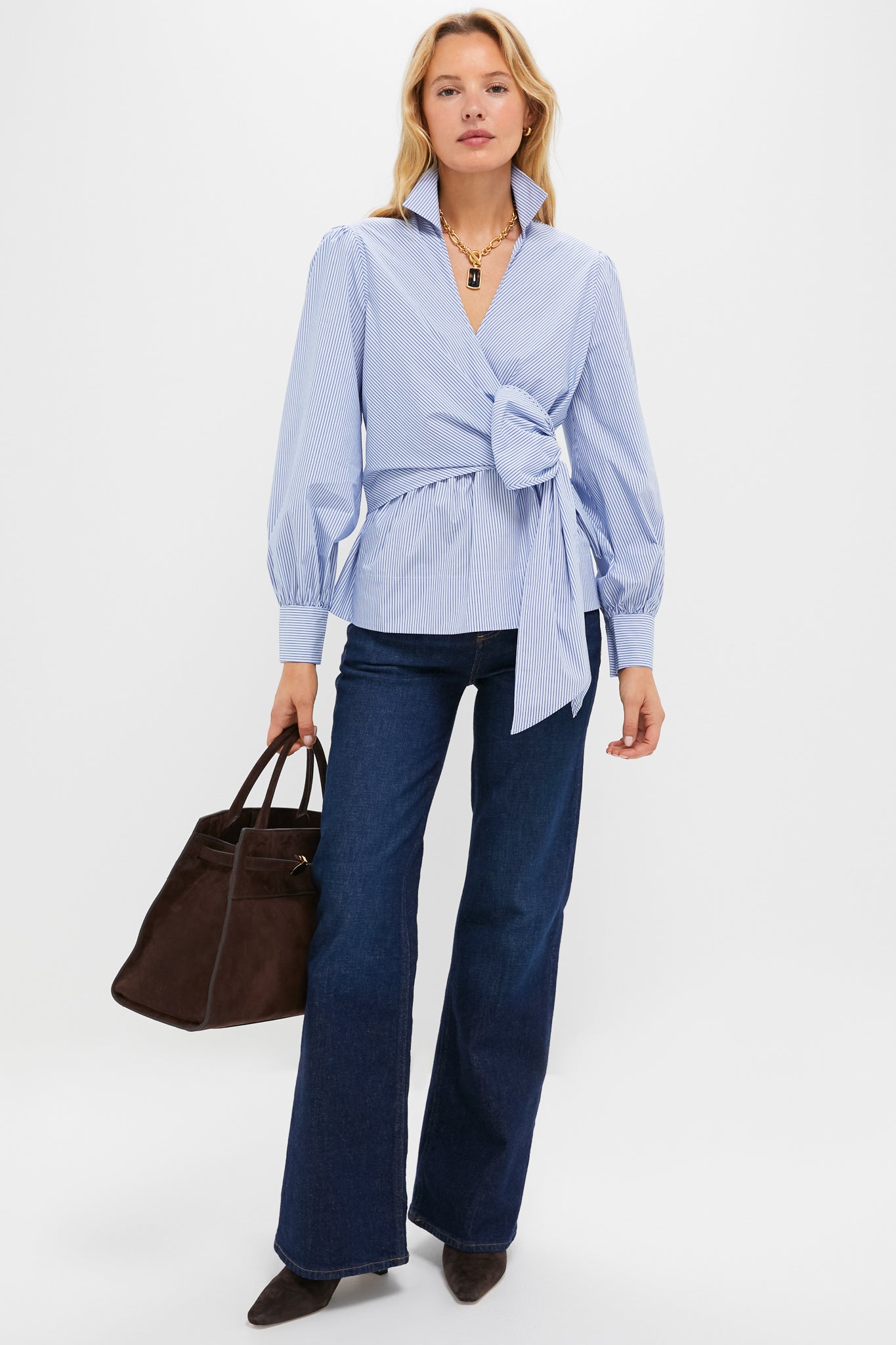 Continental Stripe Tie Front Bow Bea Blouse-Charming Tale Store