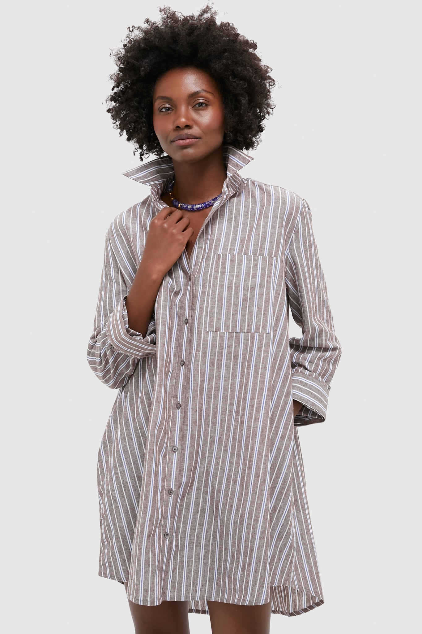 Dove Stripe Linen Carlotta Shirt Dress-Charming Tale Store