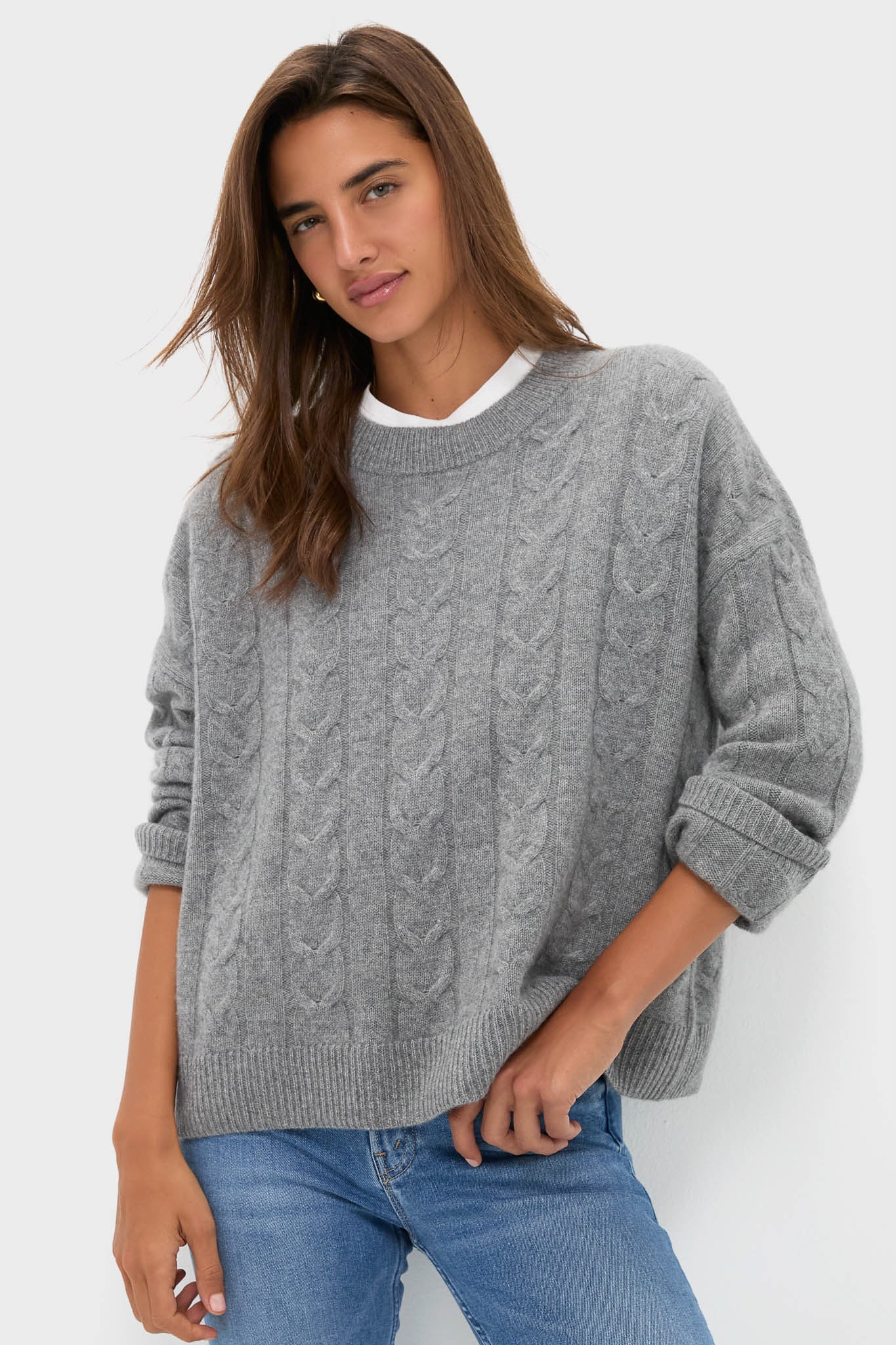 Shadow Gray Cashmere Eloise Cable Knit Sweater-Charming Tale Store