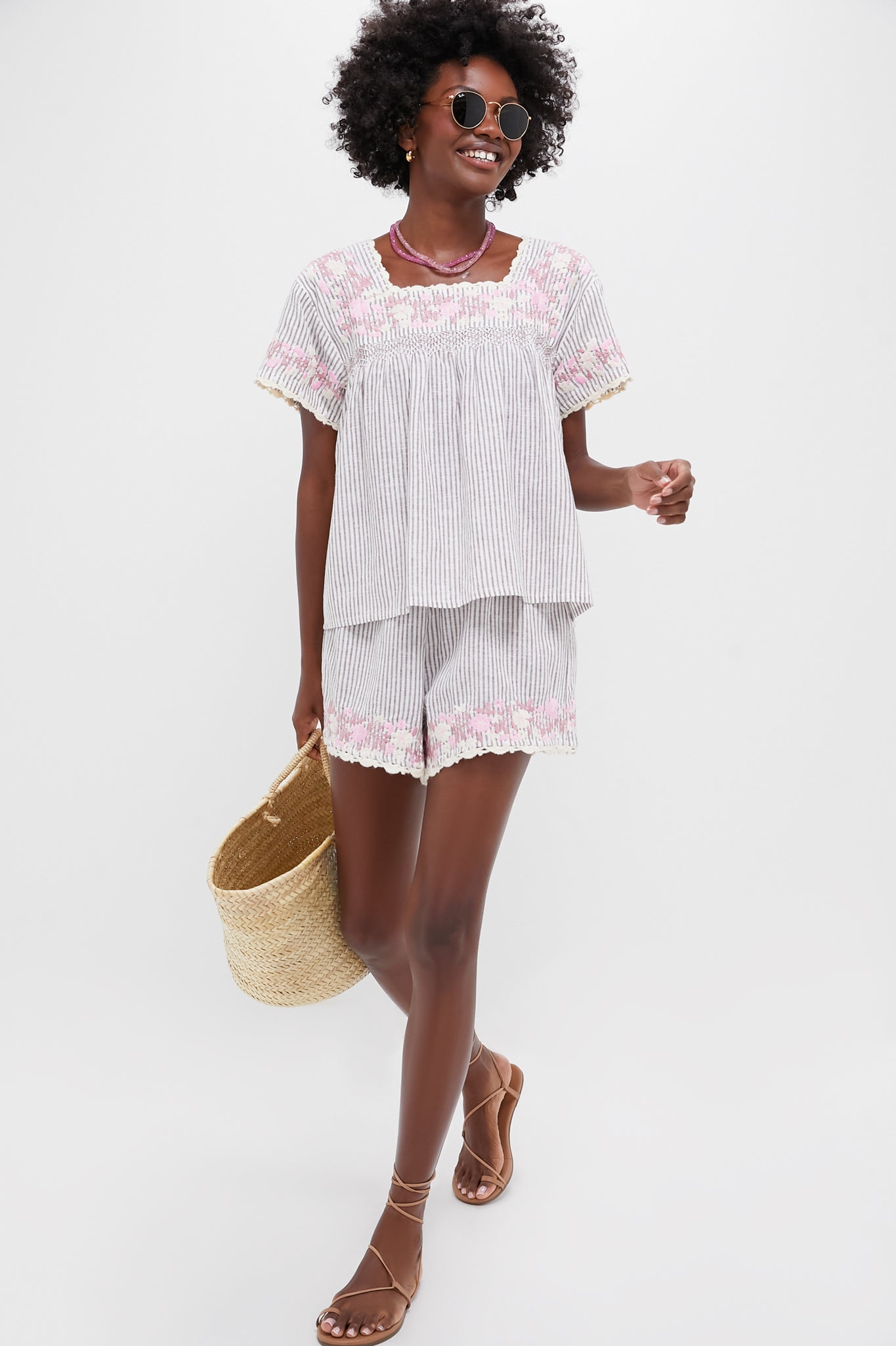 Tan Stripe Embroidered Floral Linen Kali Short-Charming Tale Store