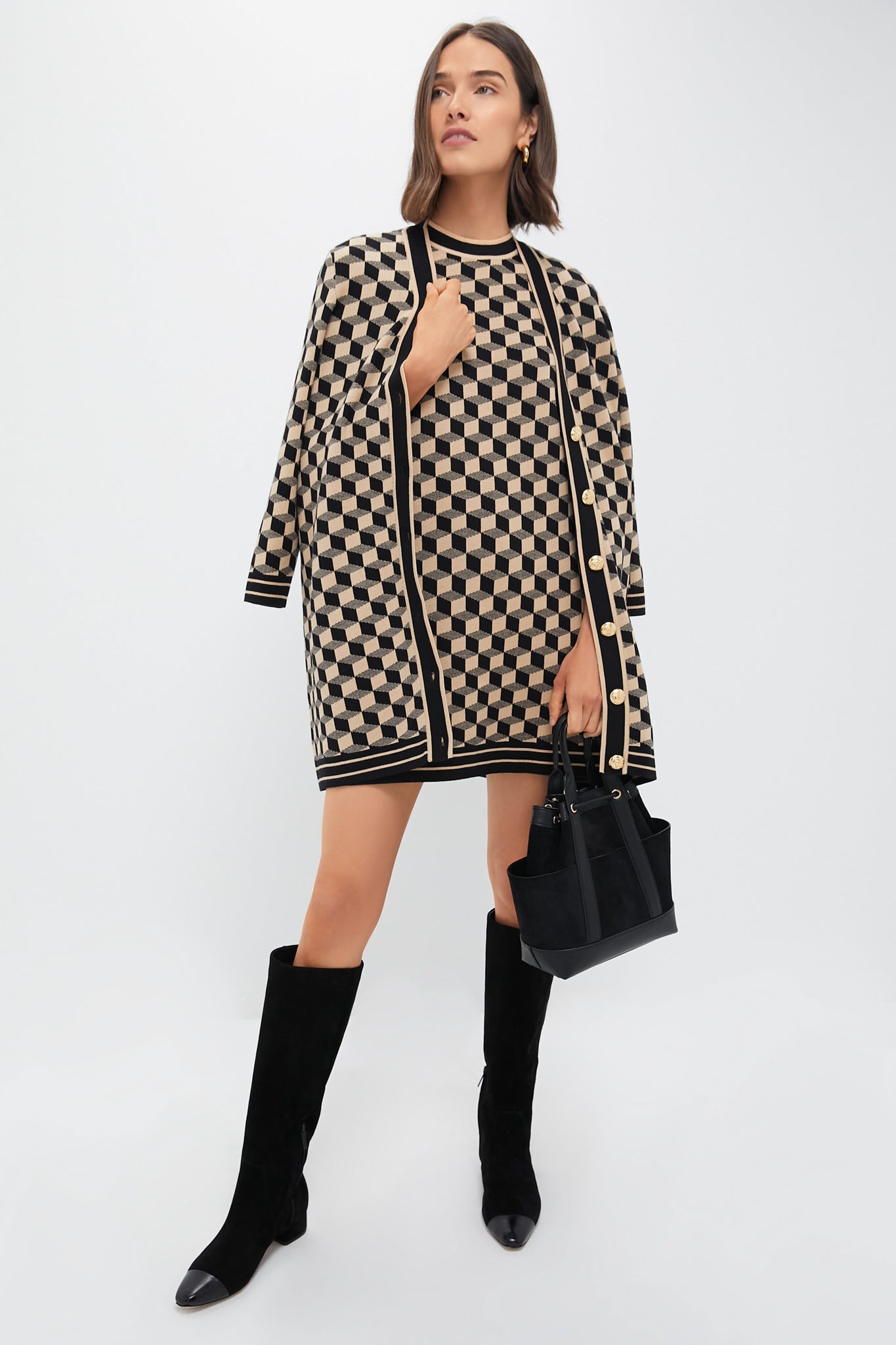 Onyx and Camel Knit Geo Marie Dress-Charming Tale Store