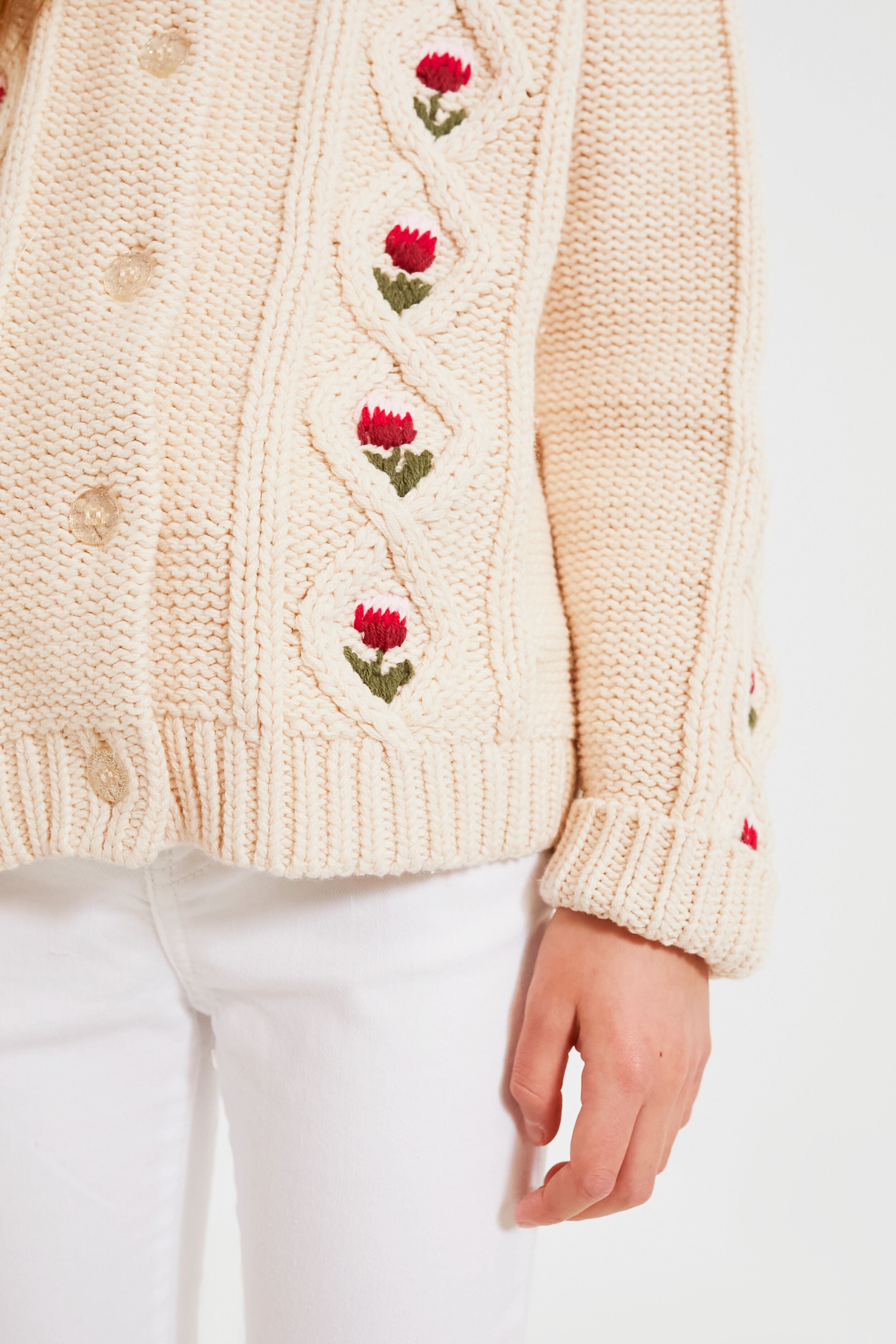Cream Floral Embroidery Dalia Diamond Sweater-Charming Tale Store
