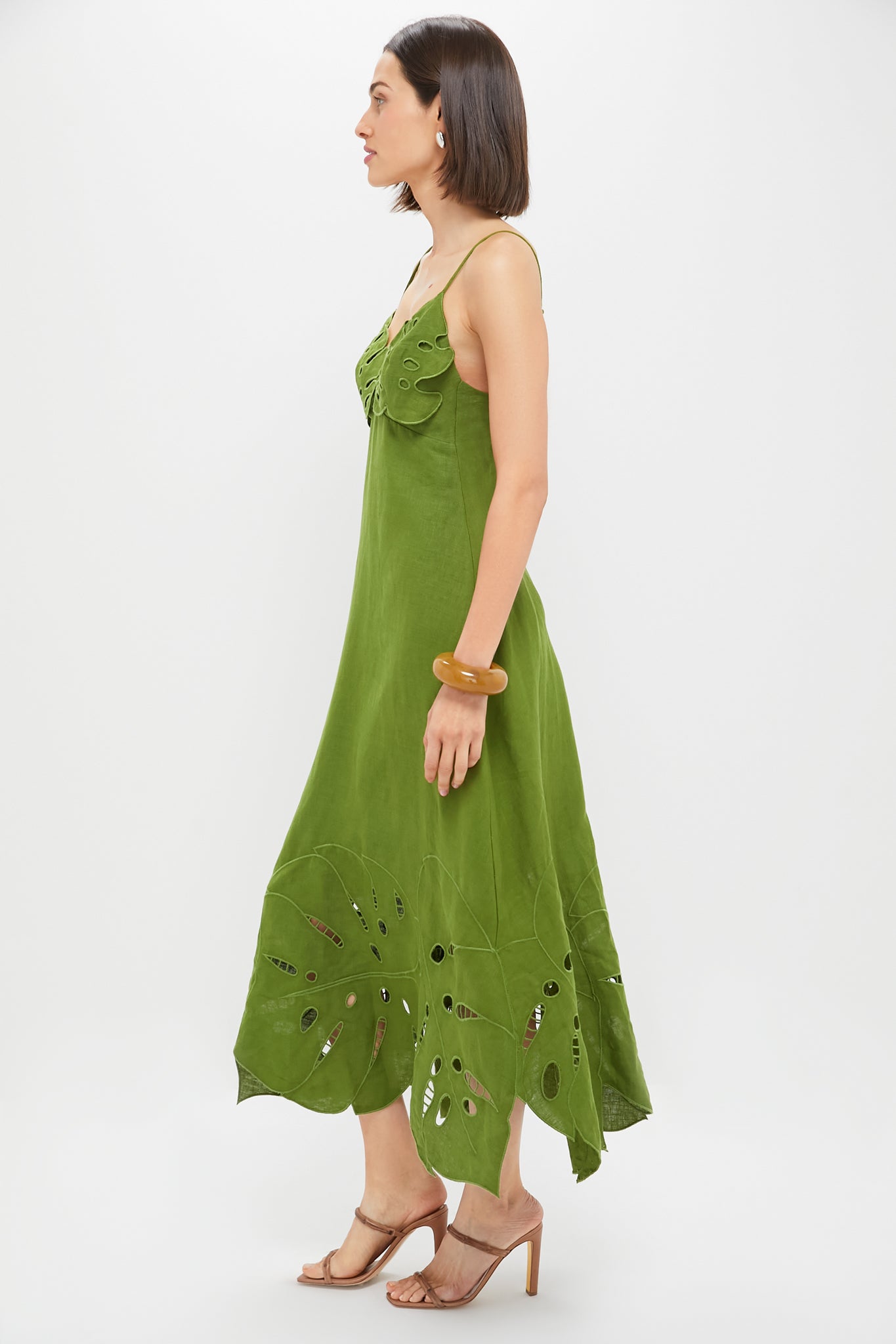 Green Monstera Embroidery Midi Dress-Charming Tale Store