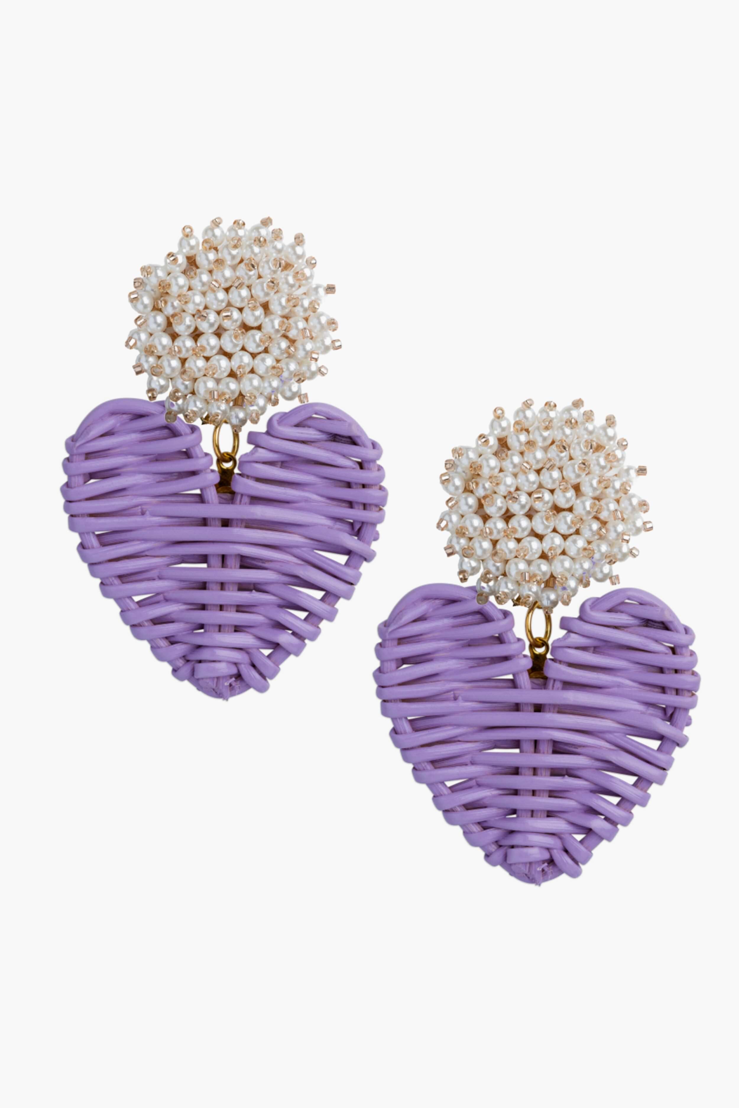 Cluster Pearl Lilac Rattan Hearts Earrings-Charming Tale Store
