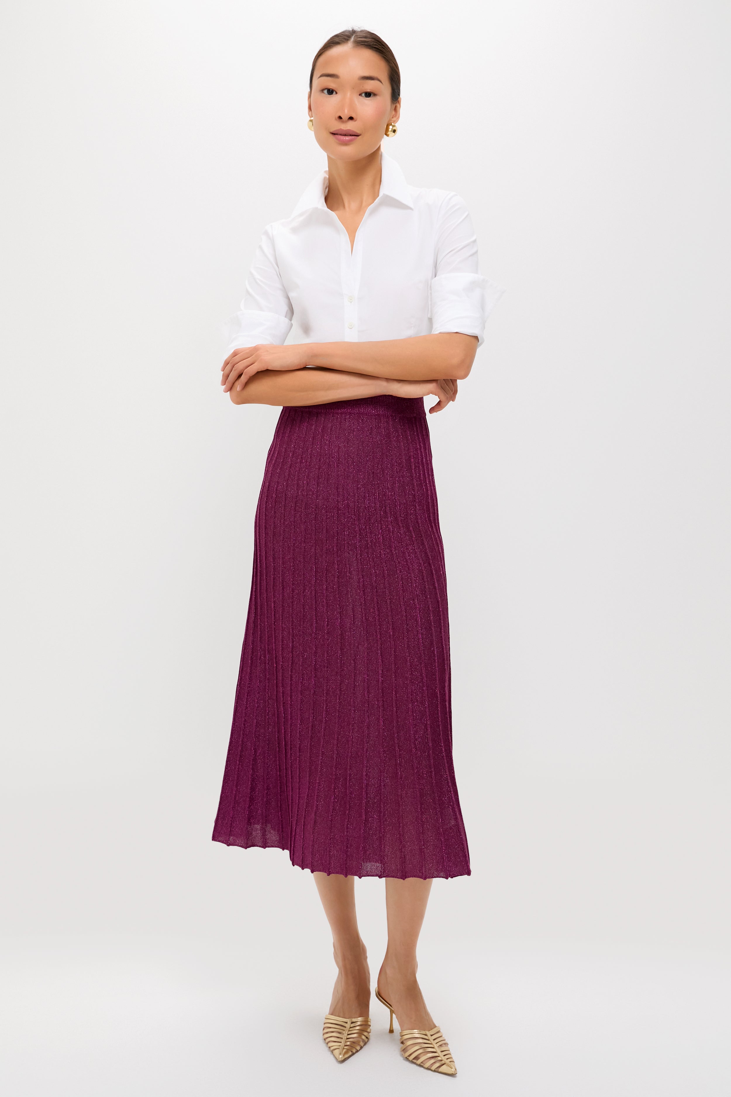 Plum Shimmer Knit Pleated Arion Midi Skirt-Charming Tale Store