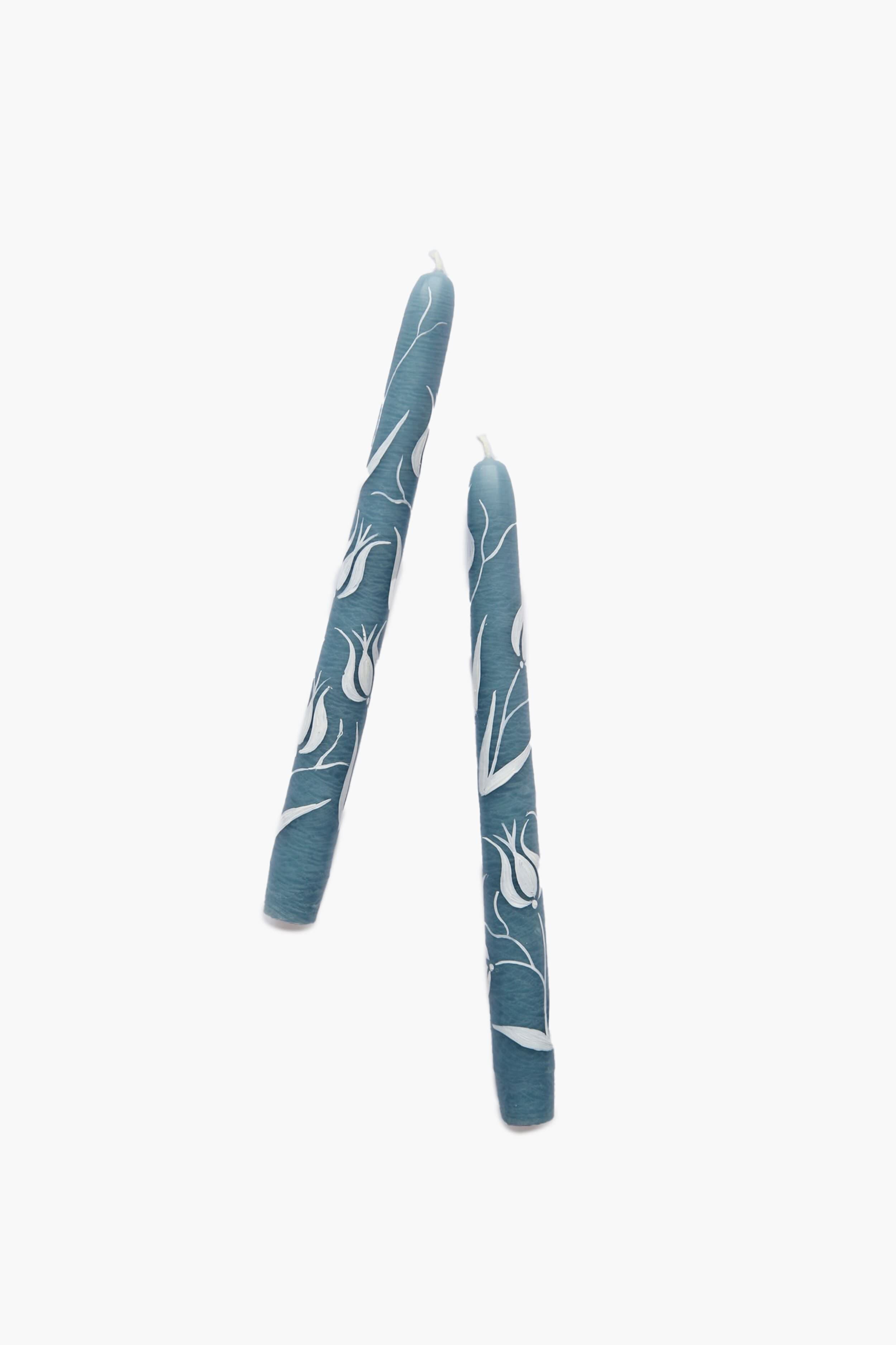 Blue Tulip Hand Painted Taper Candles (Set of 2)-Charming Tale Store