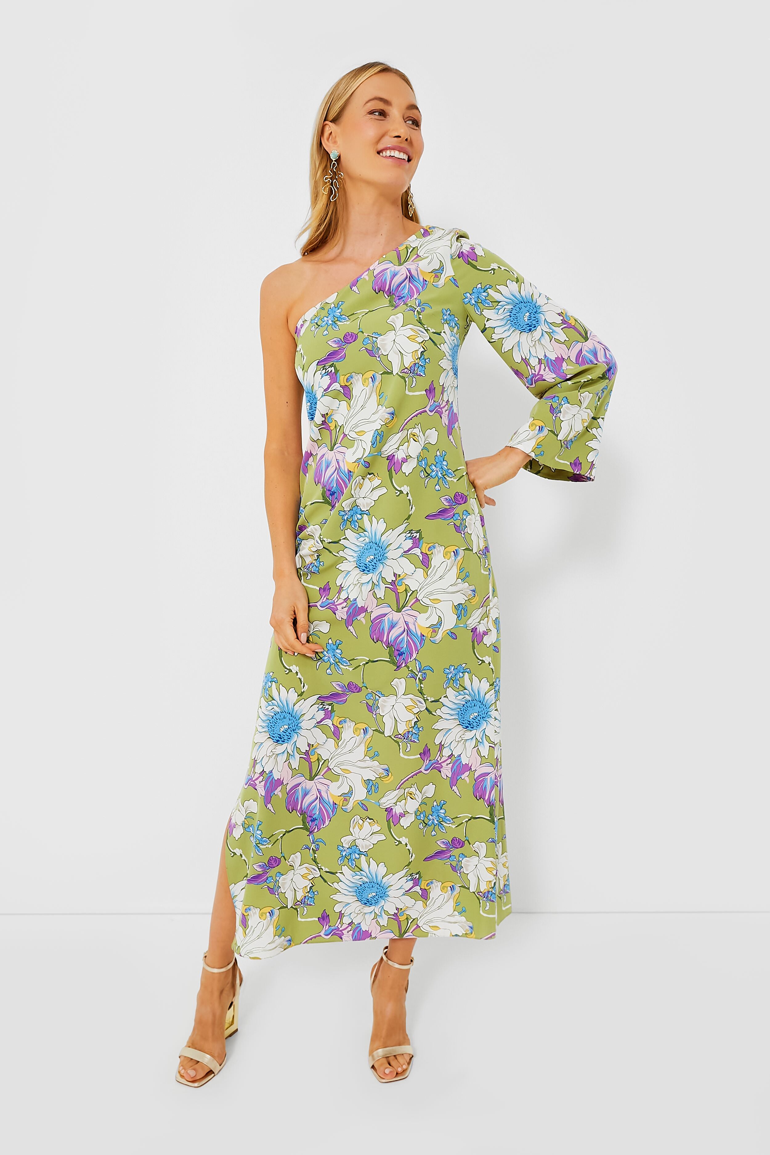 Green Floral One Shoulder Odelia Maxi Dress-Charming Tale Store
