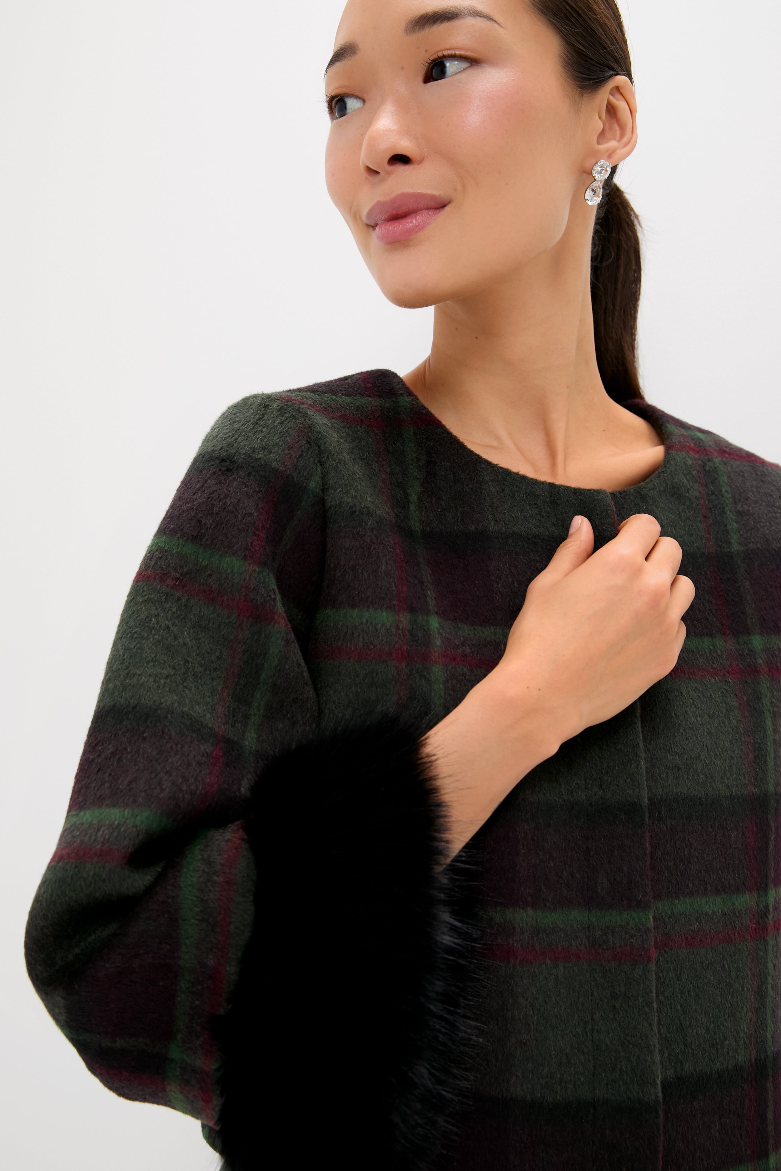 Forest Plaid Wool Fur Cuff Maxine Jacket-Charming Tale Store