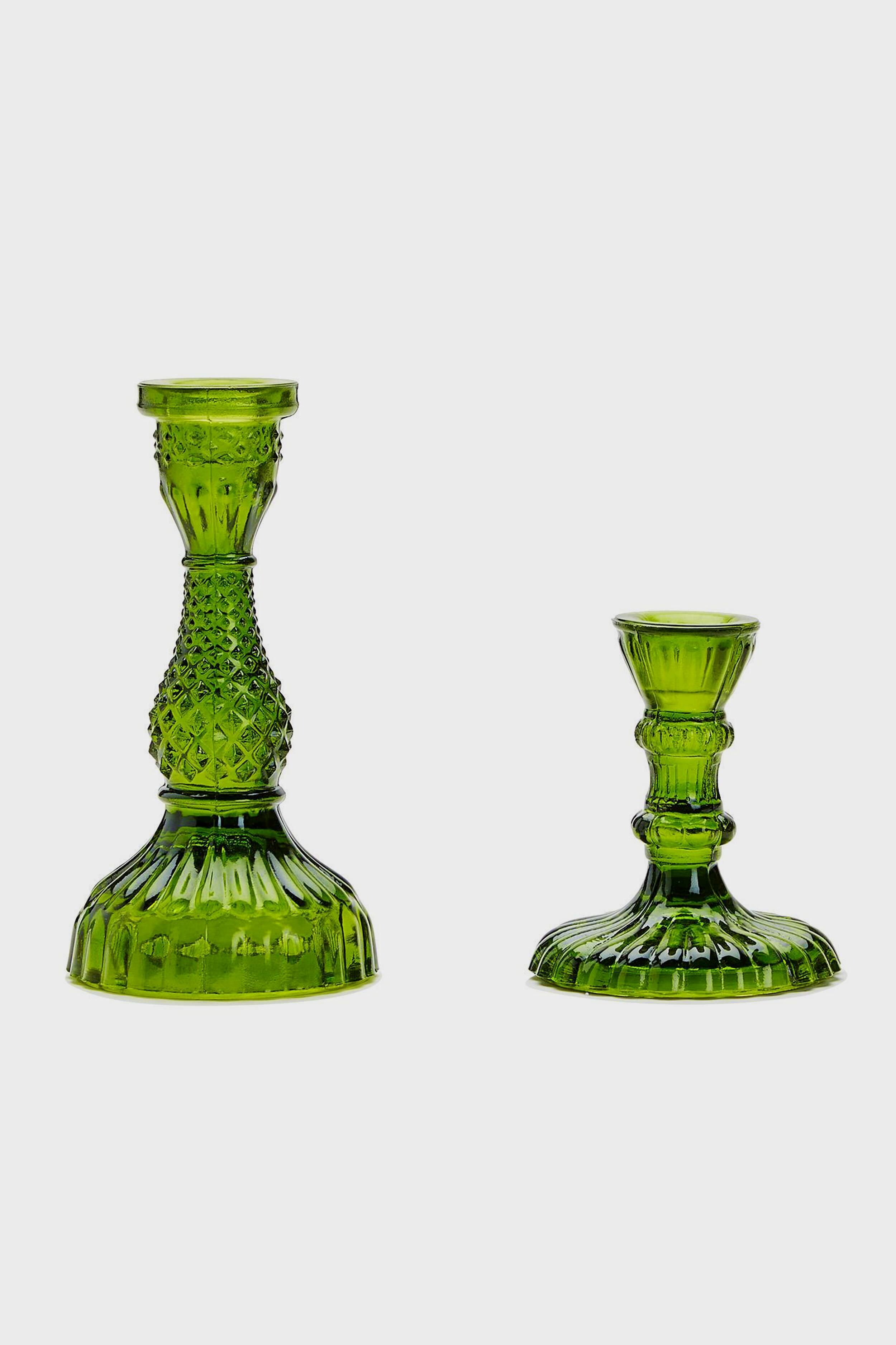 Set of 2 Casa Verde Moss Green Glass Candlesticks-Charming Tale Store