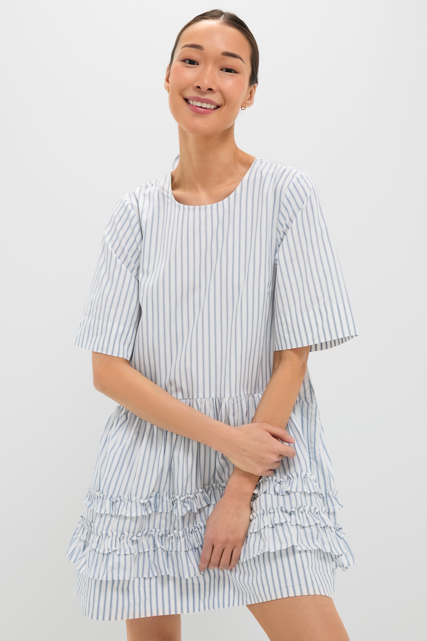 Egret Stripe Cotton Mini Dress-Charming Tale Store