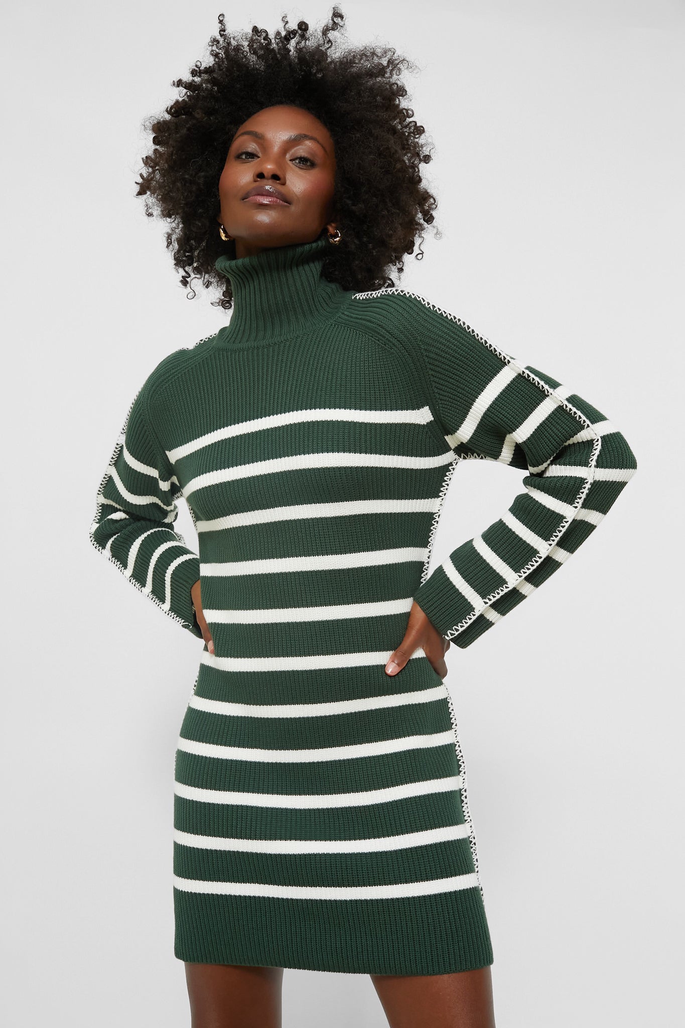 Pine Green & White Striped Emsley Mini Sweater Dress-Charming Tale Store