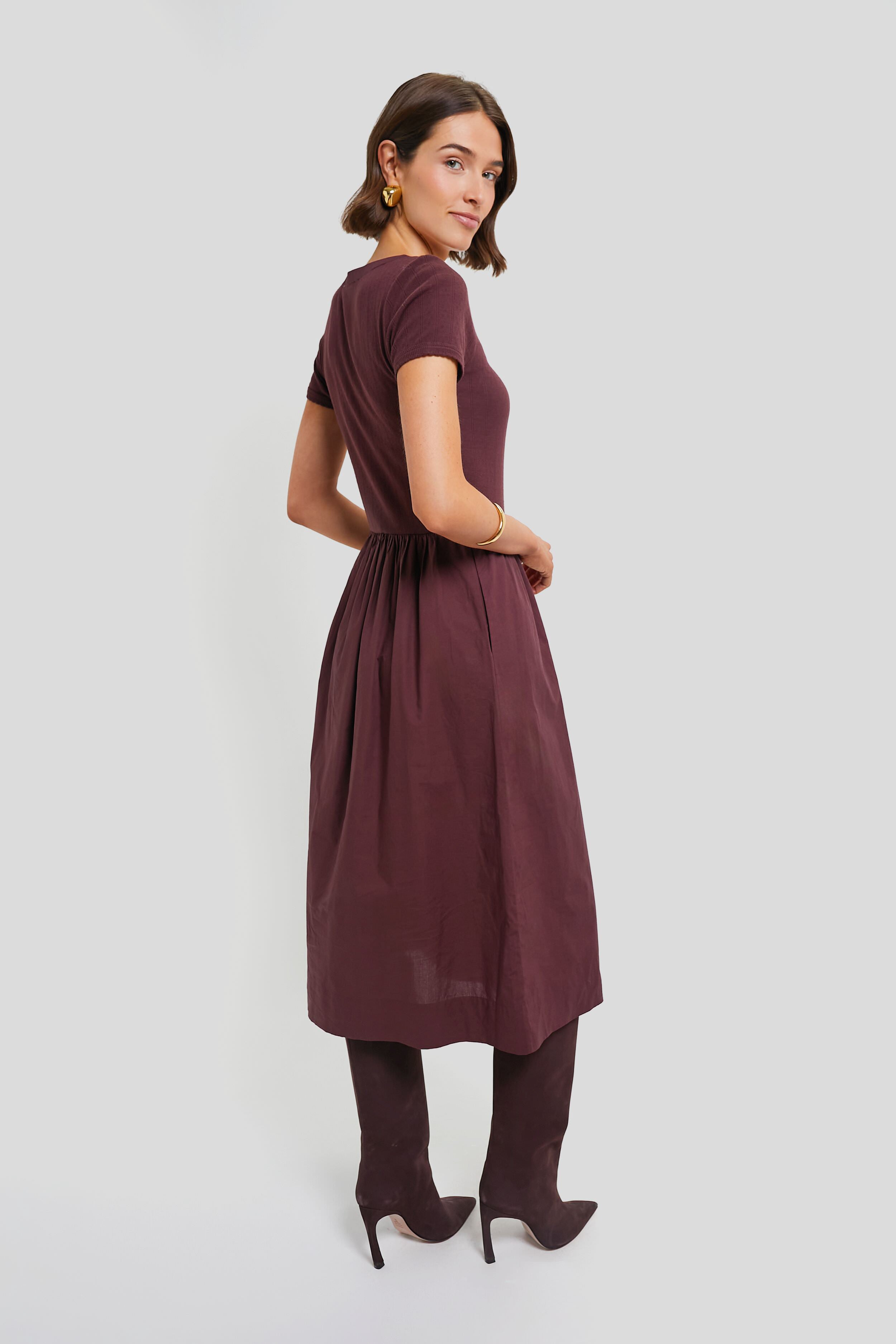Burgundy Renata Solid Crew Neck Dress-Charming Tale Store