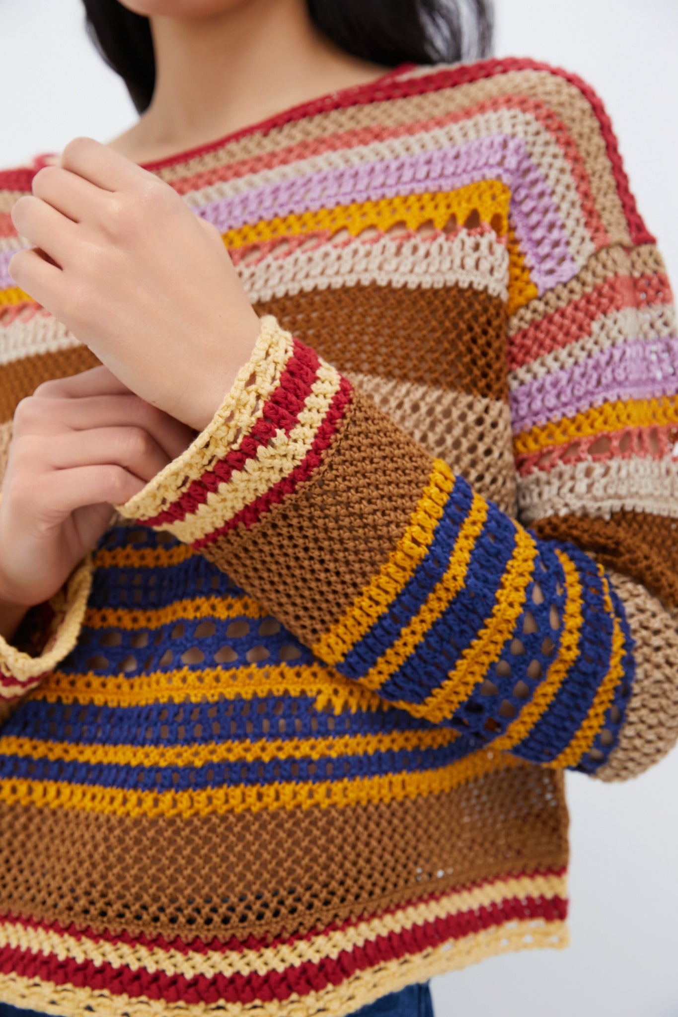 Tan Multi Linen Blend Stripe Long Sleeve Pullover-Charming Tale Store