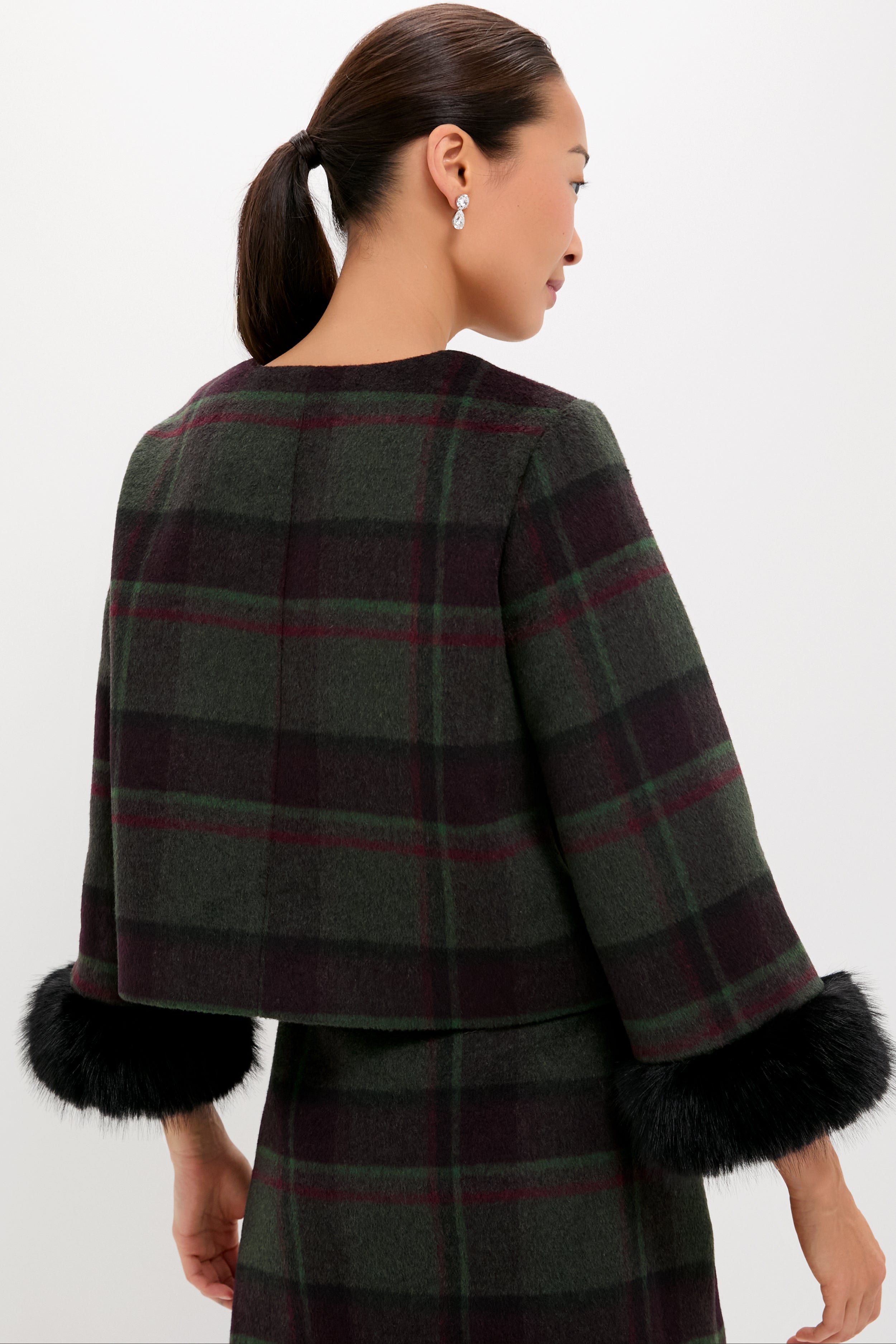 Forest Plaid Wool Fur Cuff Maxine Jacket-Charming Tale Store