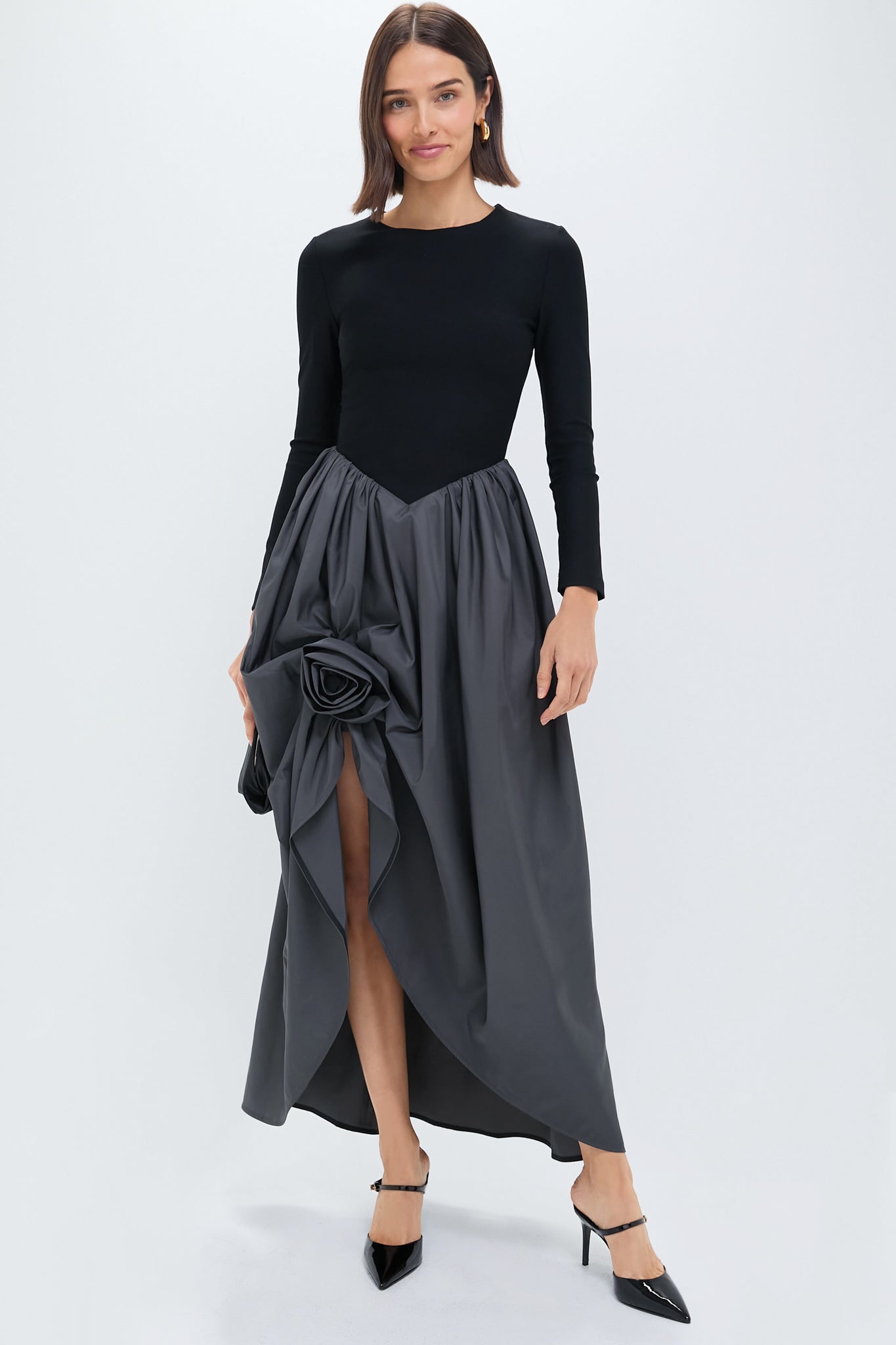 Gray Aurora Maxi Dress with Rose Detail-Charming Tale Store