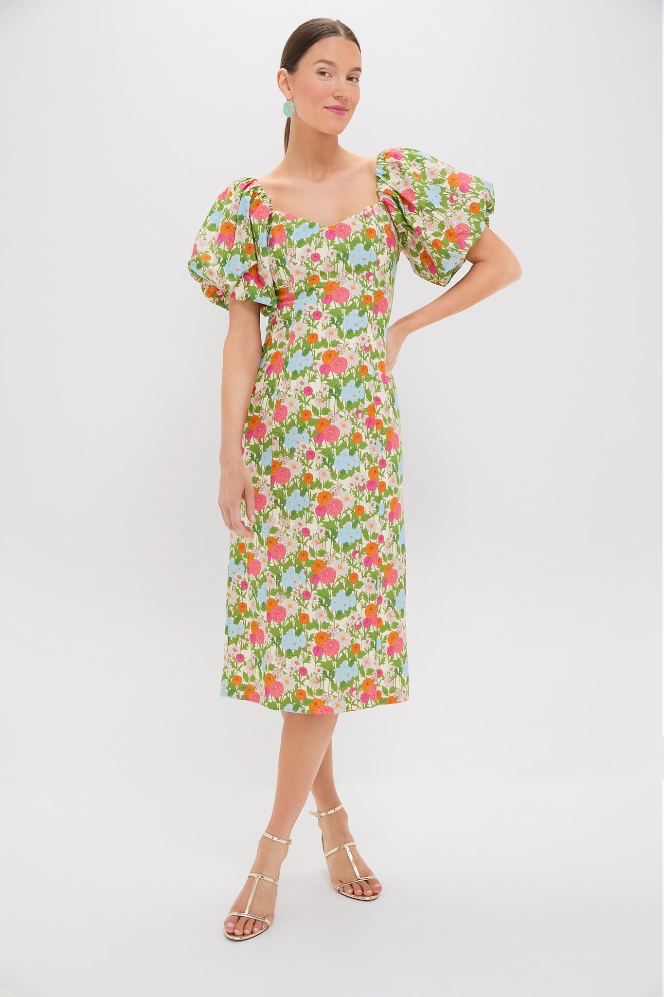 Green Multi Begonia Floral Sallie Midi Dress-Charming Tale Store