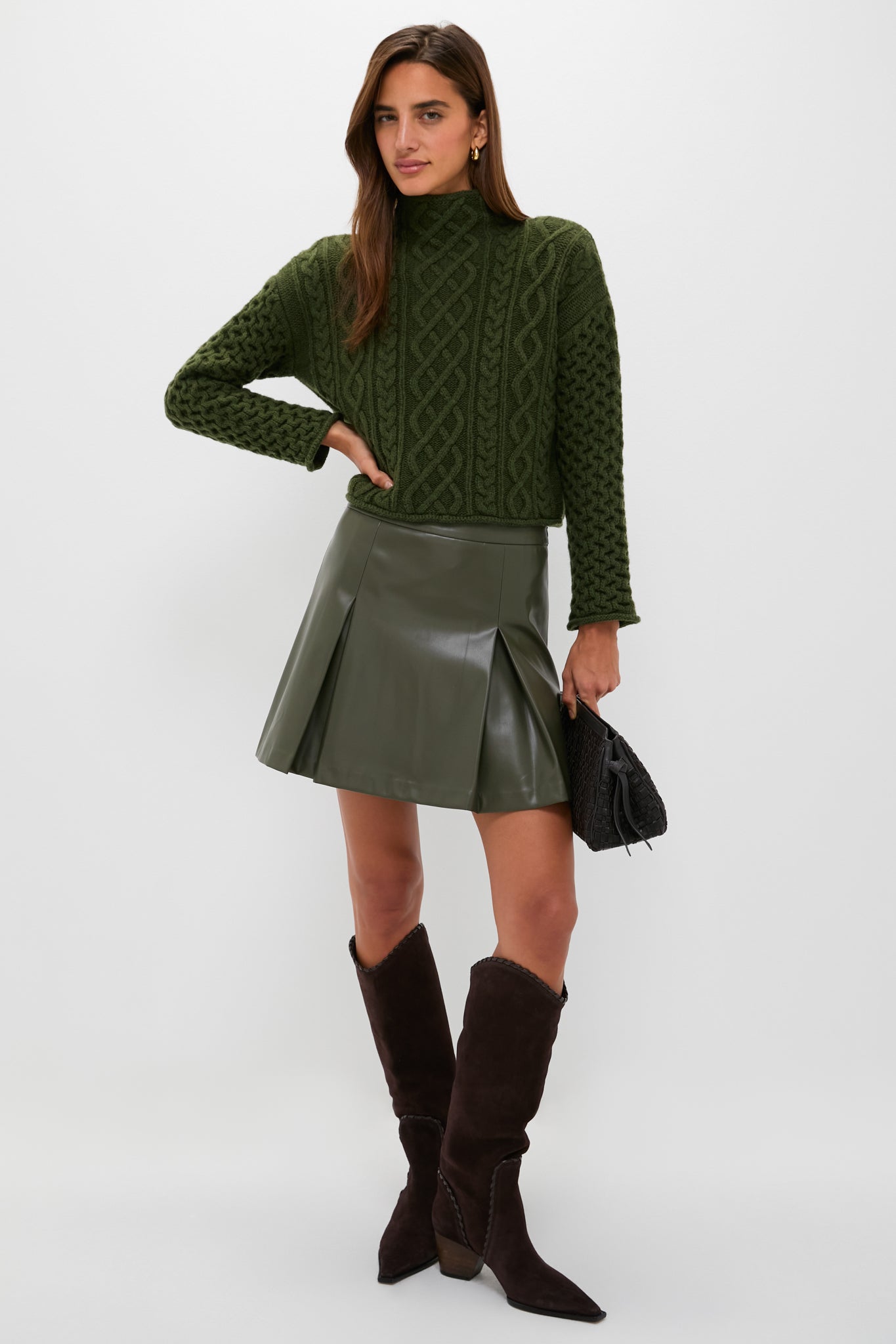 Olive Cable Knit Cropped Perry Turtleneck-Charming Tale Store