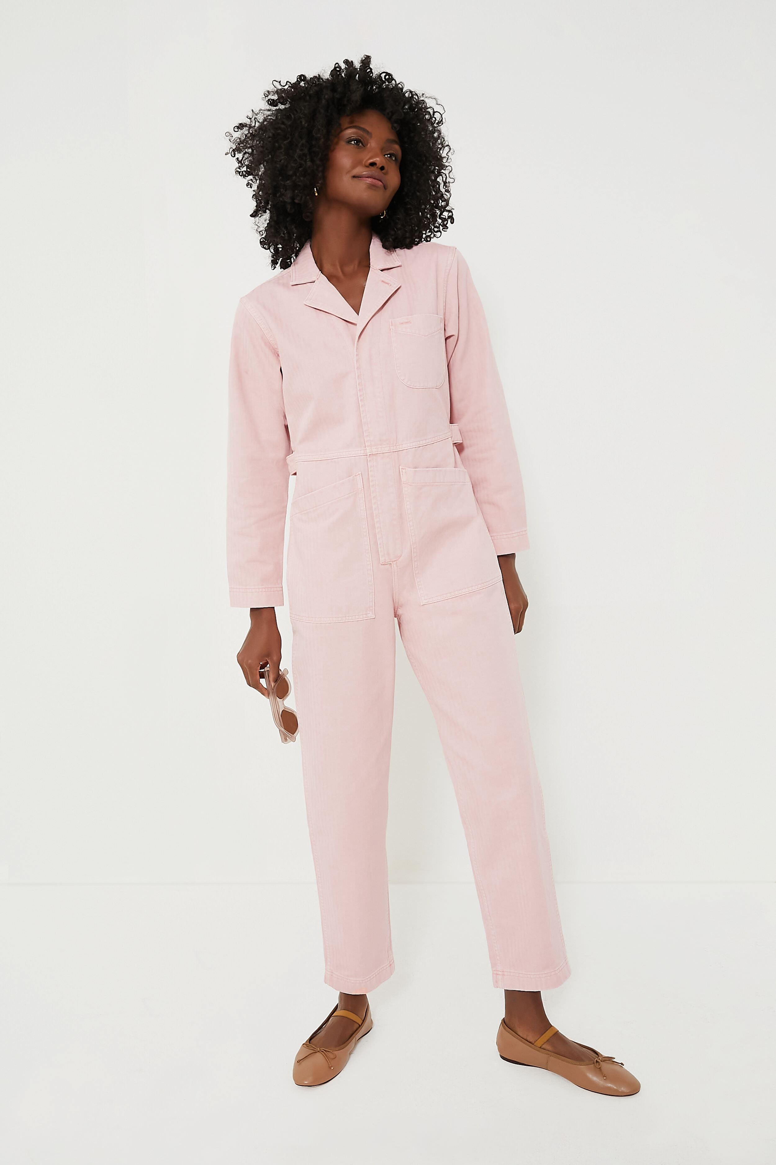 Blush Pink Herringbone Standard Zip Jumpsuit-Charming Tale Store