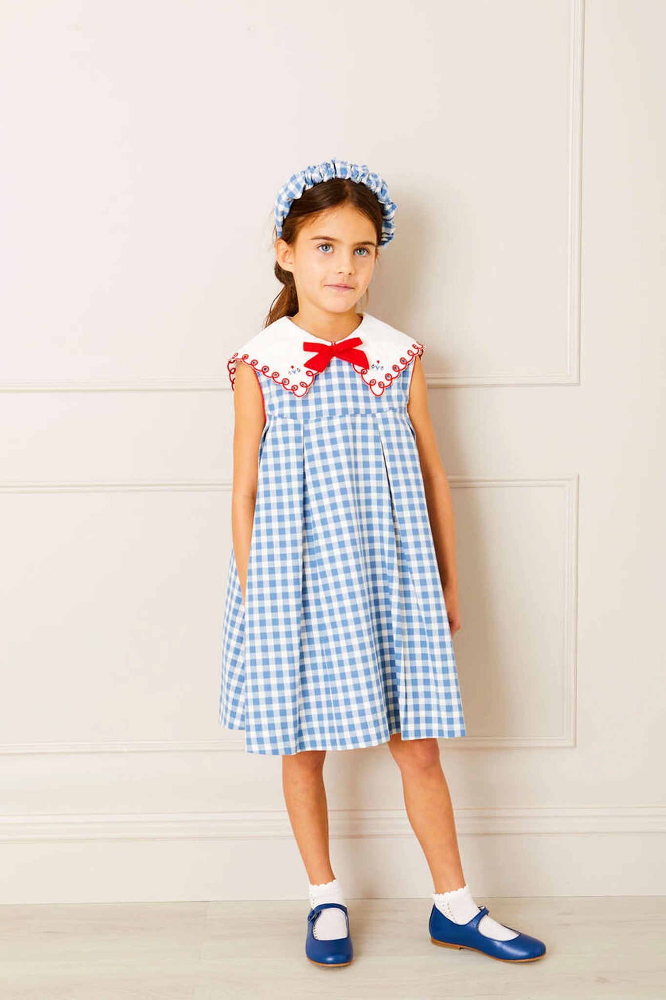 Embroidered Gingham Sleeveless Dress in Blue-Charming Tale Store