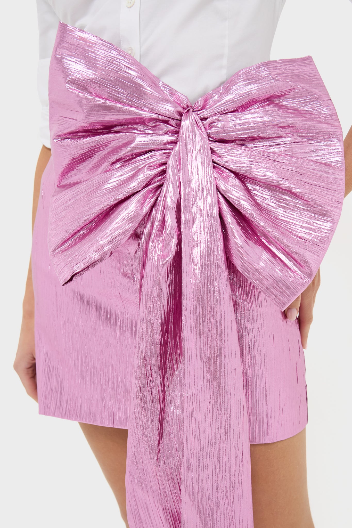 Pink Metallic Plisse Brenna Bow Mini Skirt-Charming Tale Store