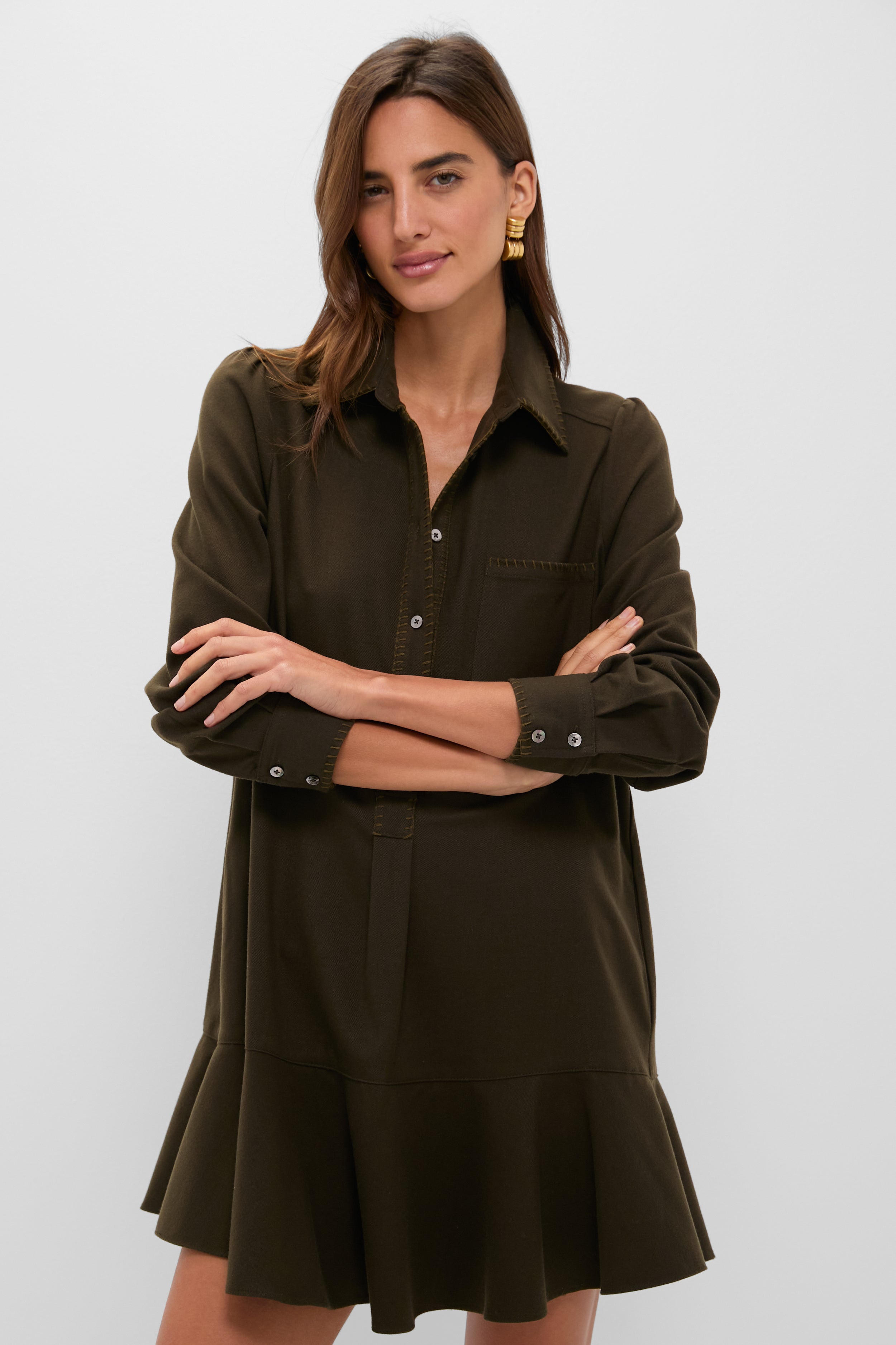 Dark Olive Whipstitch Brushed Wool Callahan Shirt Dress-Charming Tale Store