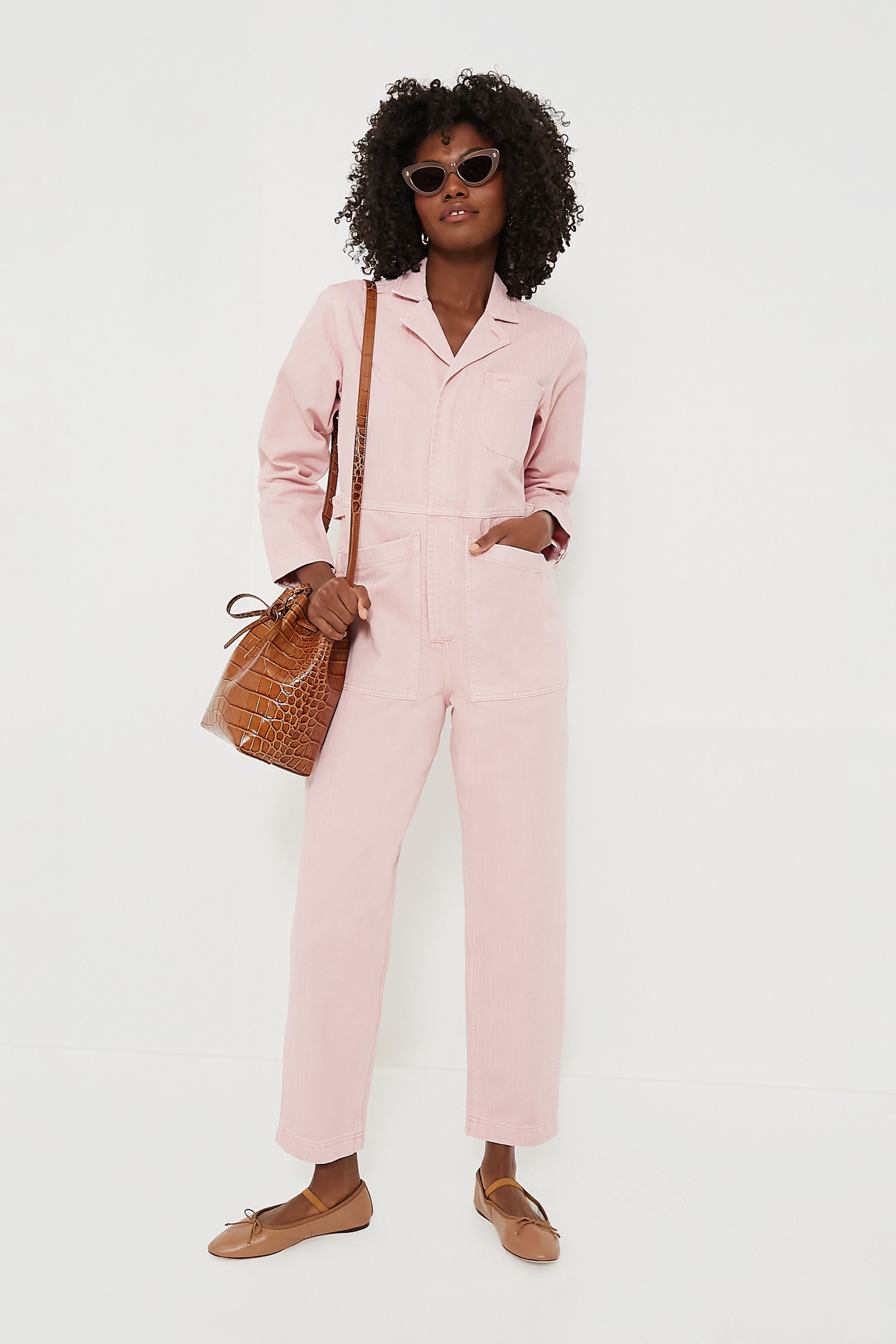 Blush Pink Herringbone Standard Zip Jumpsuit-Charming Tale Store