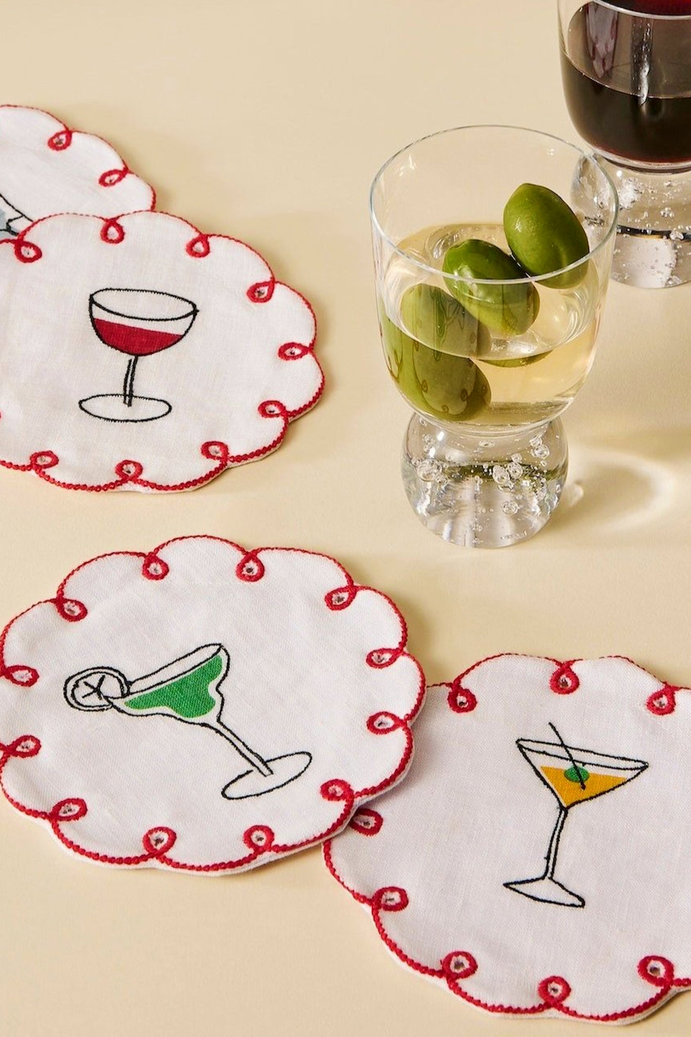 Fete Embroidered Linen Coasters (Set of 4)-Charming Tale Store