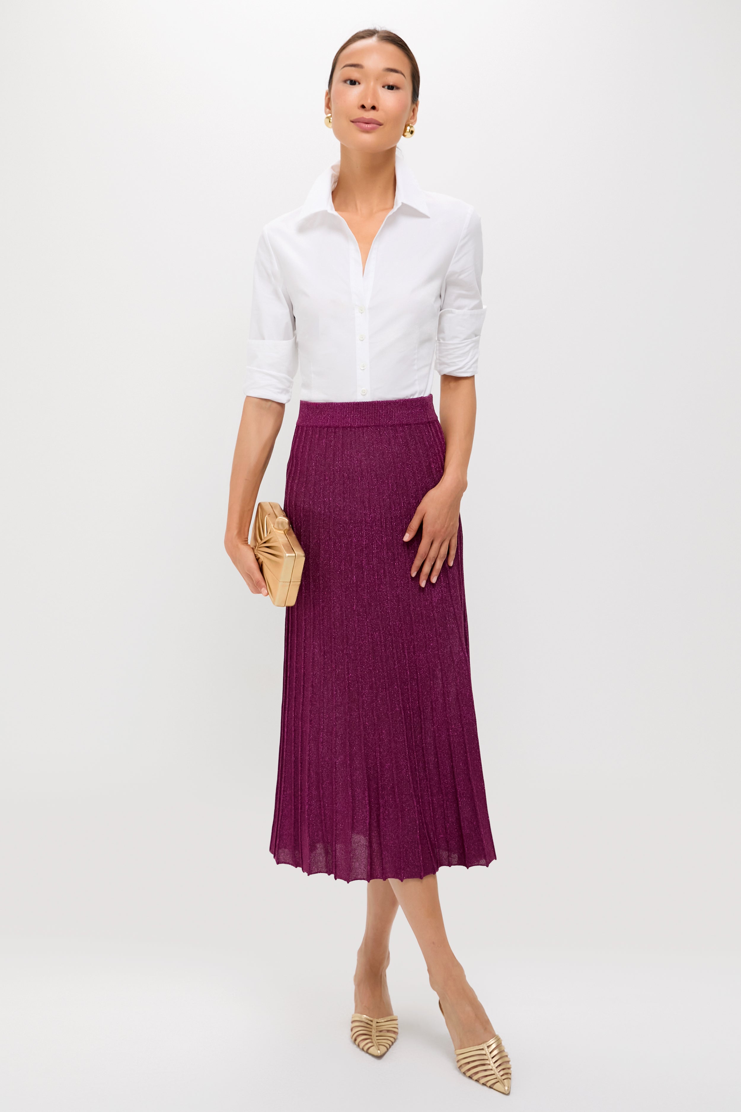 Plum Shimmer Knit Pleated Arion Midi Skirt-Charming Tale Store