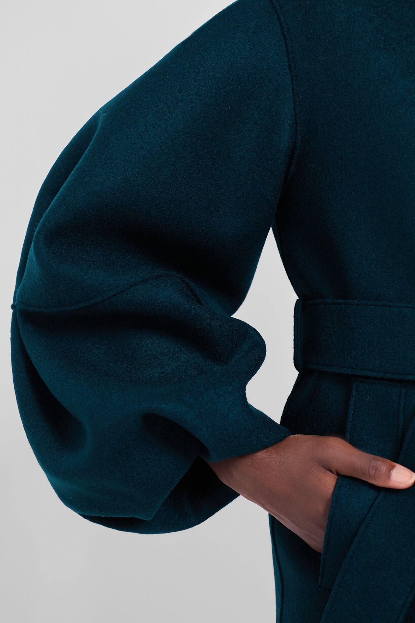 Bottle Green Puffed Sleeve Pressed Wool Coat-Charming Tale Store