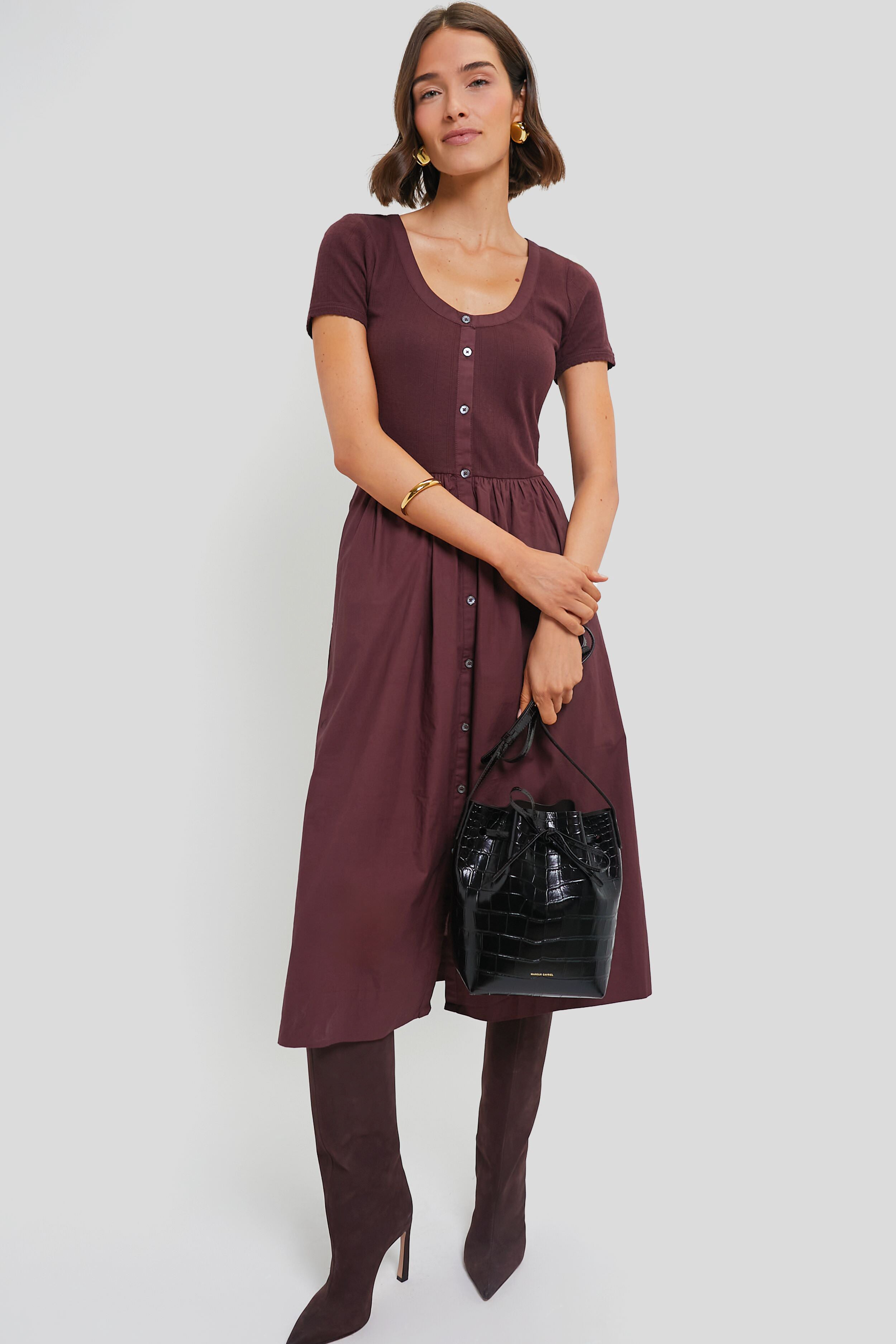 Burgundy Renata Solid Crew Neck Dress-Charming Tale Store