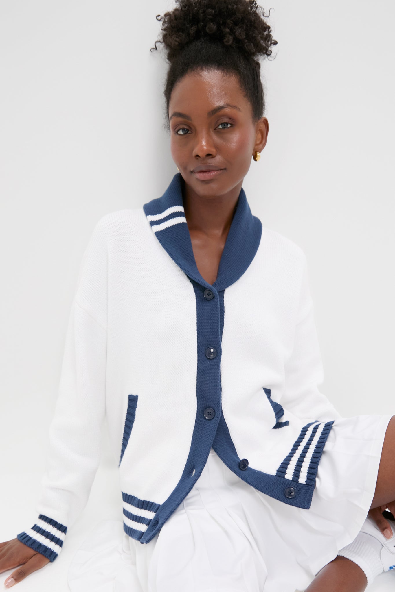 White and Navy Varsity Freya Cardigan-Charming Tale Store