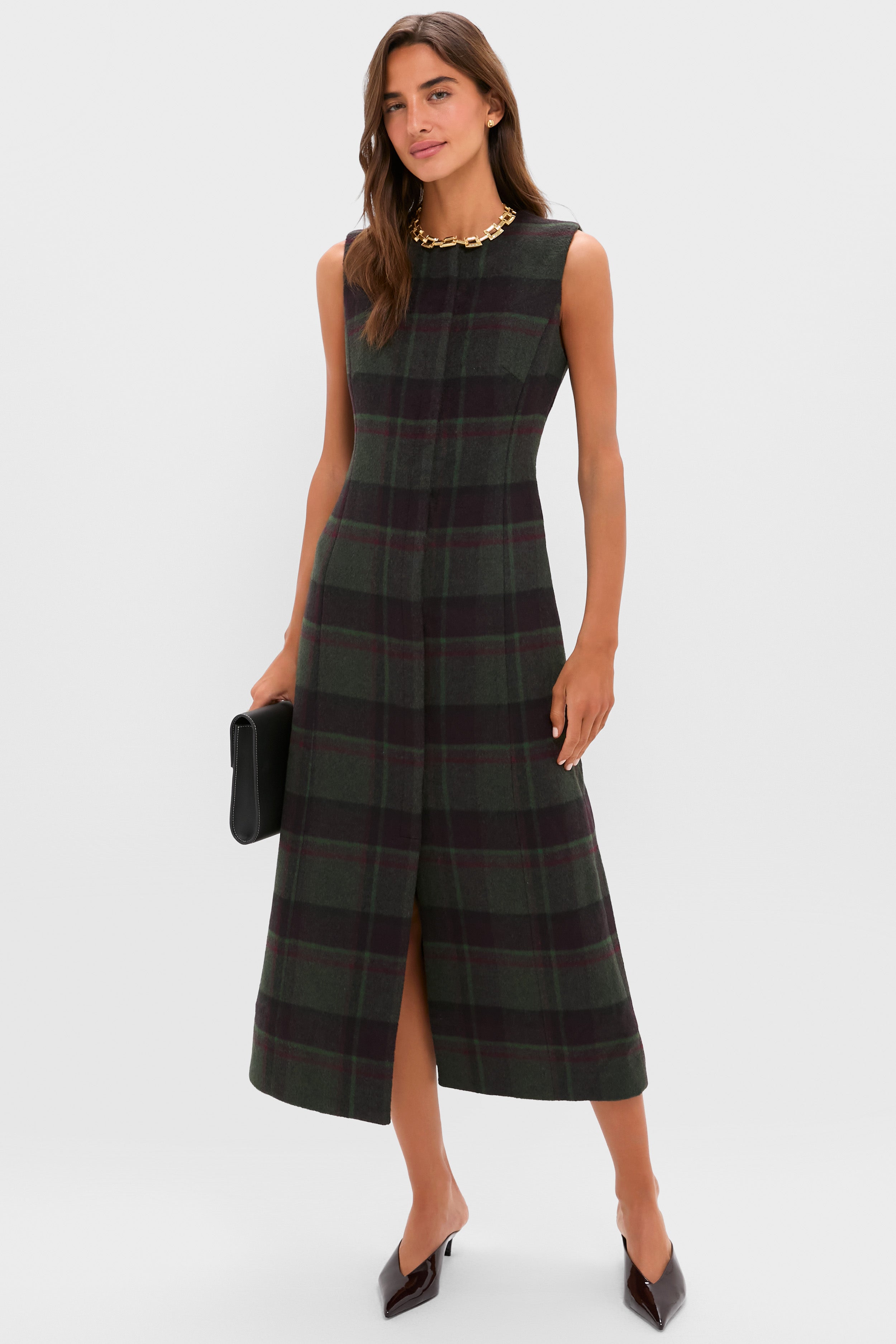 Forest Plaid Wool Rhoda Midi Dress-Charming Tale Store