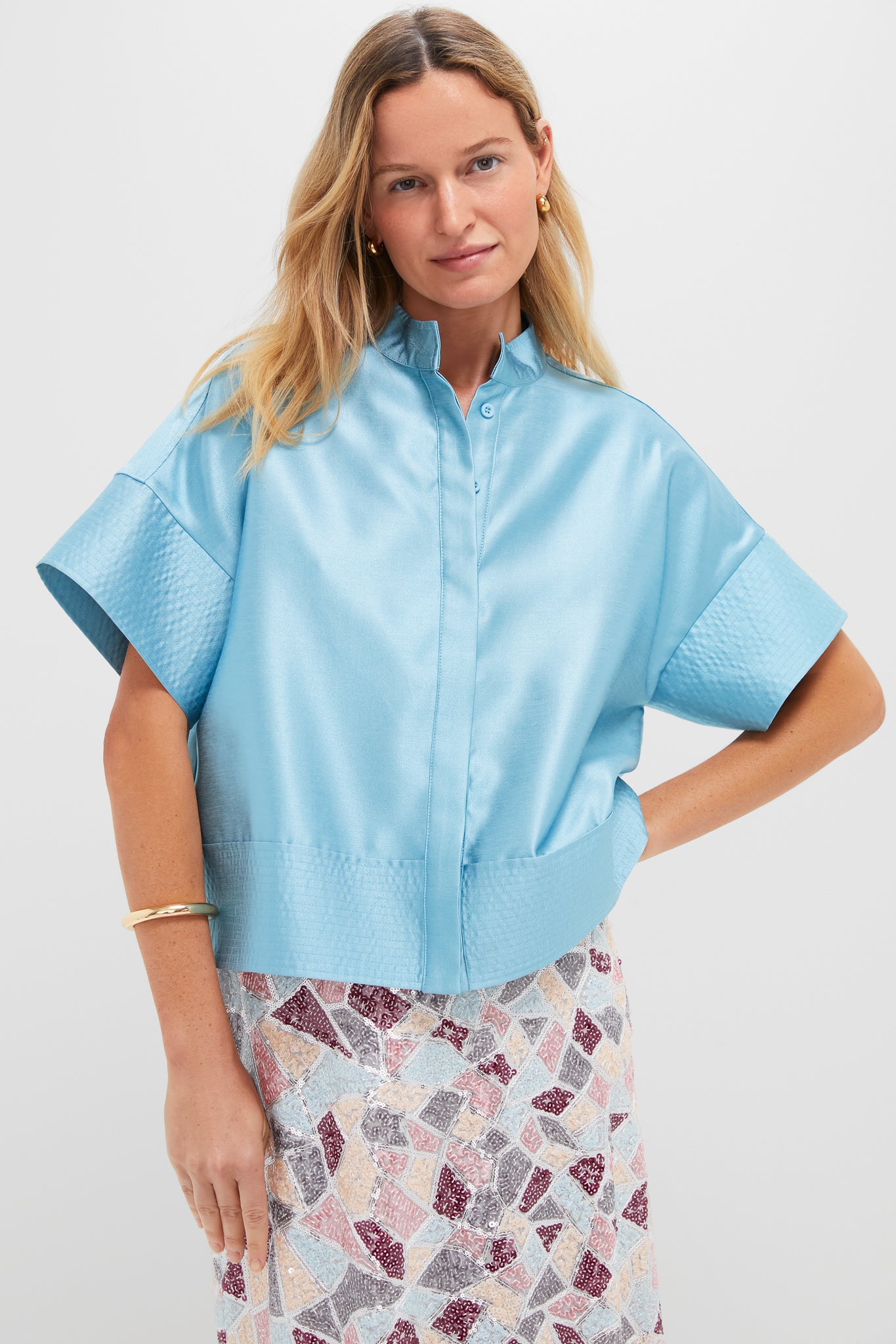 Robin's Egg Blue Trapunto Stitch Sofia Shirt-Charming Tale Store