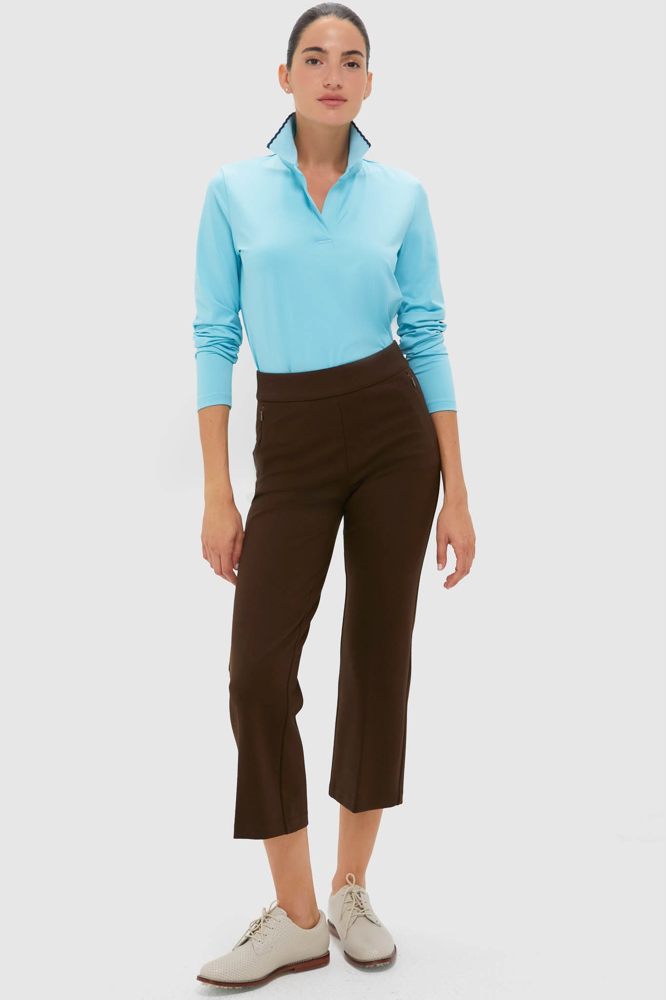 Bright Blue Long Sleeve Performance Jersey Caroline Polo-Charming Tale Store