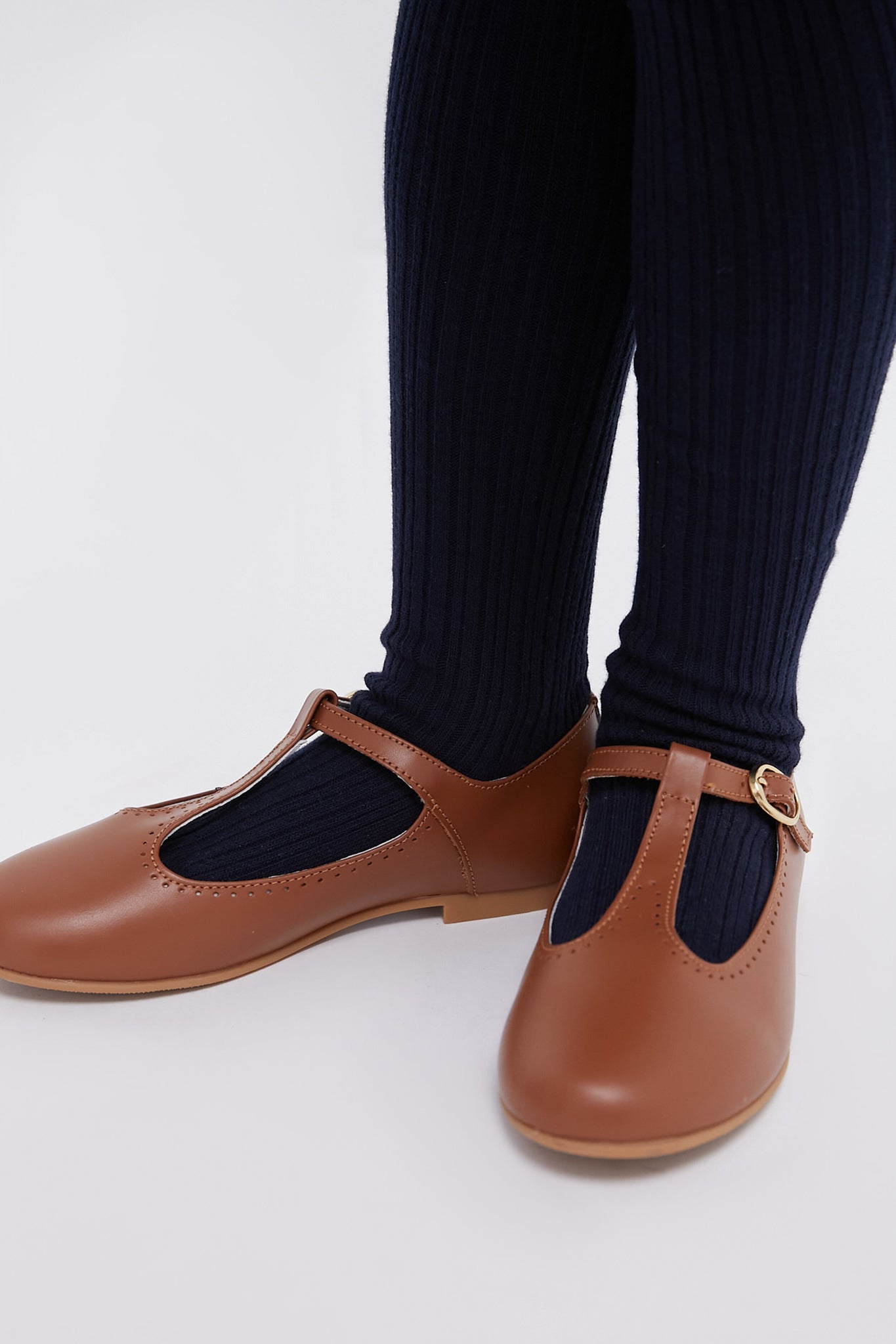 Dark Tan Leather T Bar Shoes-Charming Tale Store