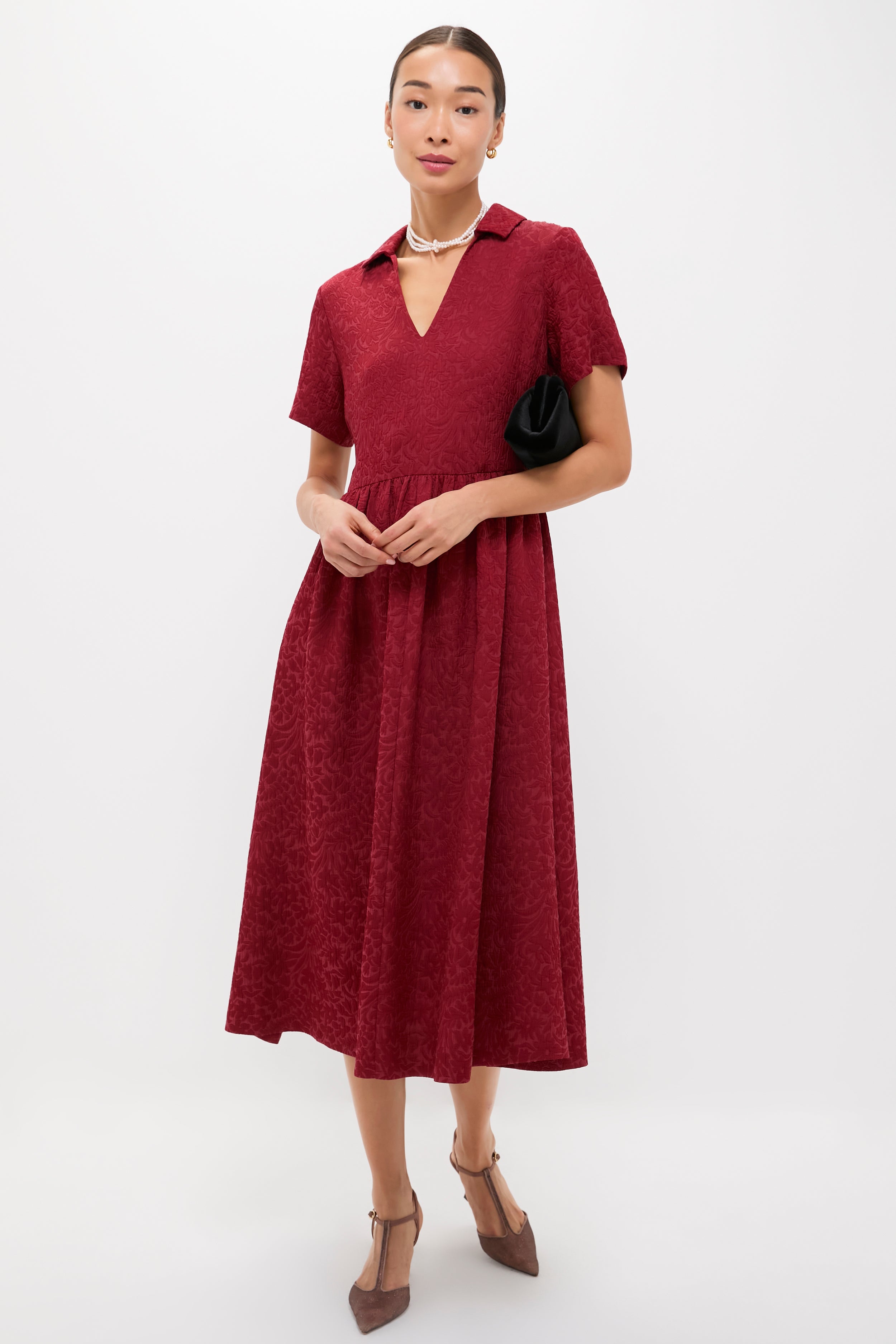Cranberry Jacquard Adelaide Dress-Charming Tale Store