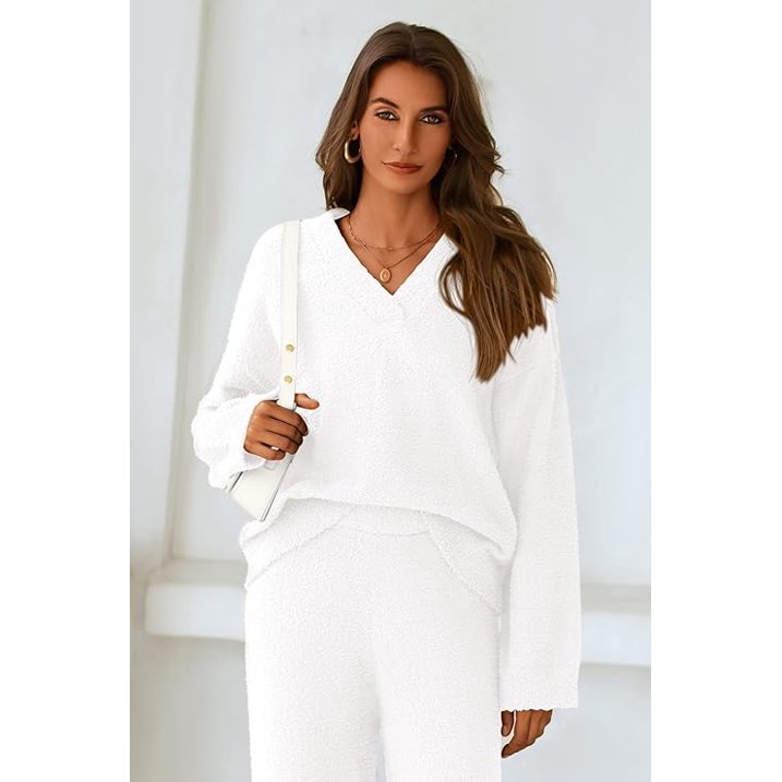 ✨Women's 2 Piece Oversized V Neck Pullover Sweater Fuzzy Lounge Set