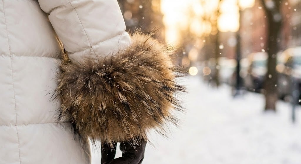 Raccoon Fur Cuffs on White Down Coat
