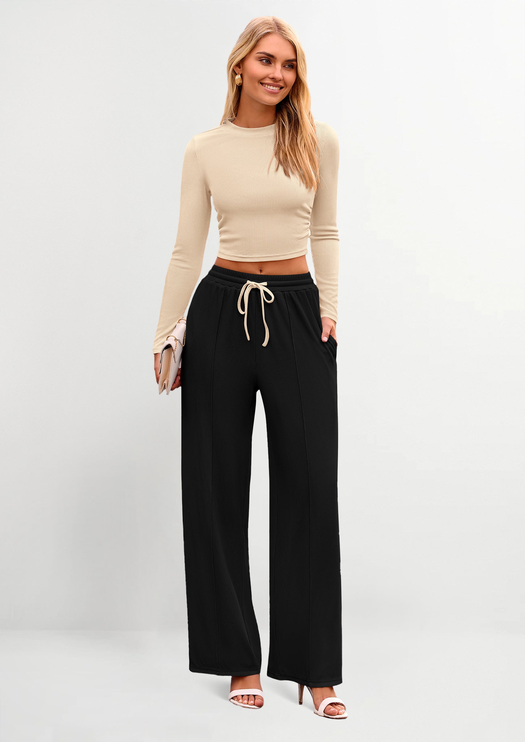 PRETTYGARDEN Women's 2 Piece Loungewear Long Sleeve Crop Top Wide Leg 