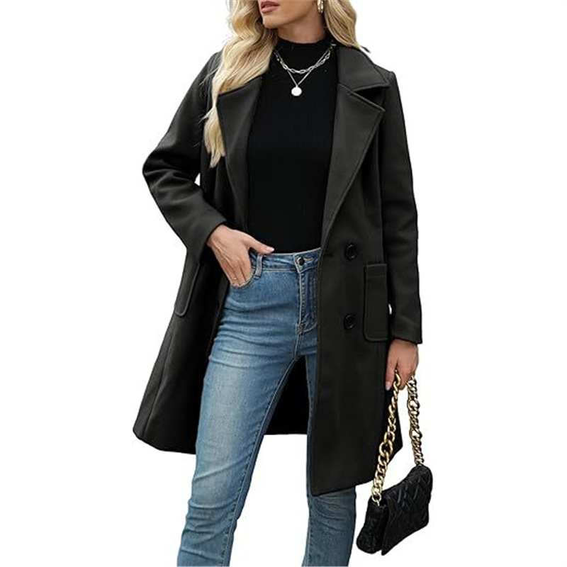 Limited time sale🔥Women's Notch Lapel Double Breasted Wool Blend Mid Long Pea Trench Coat
