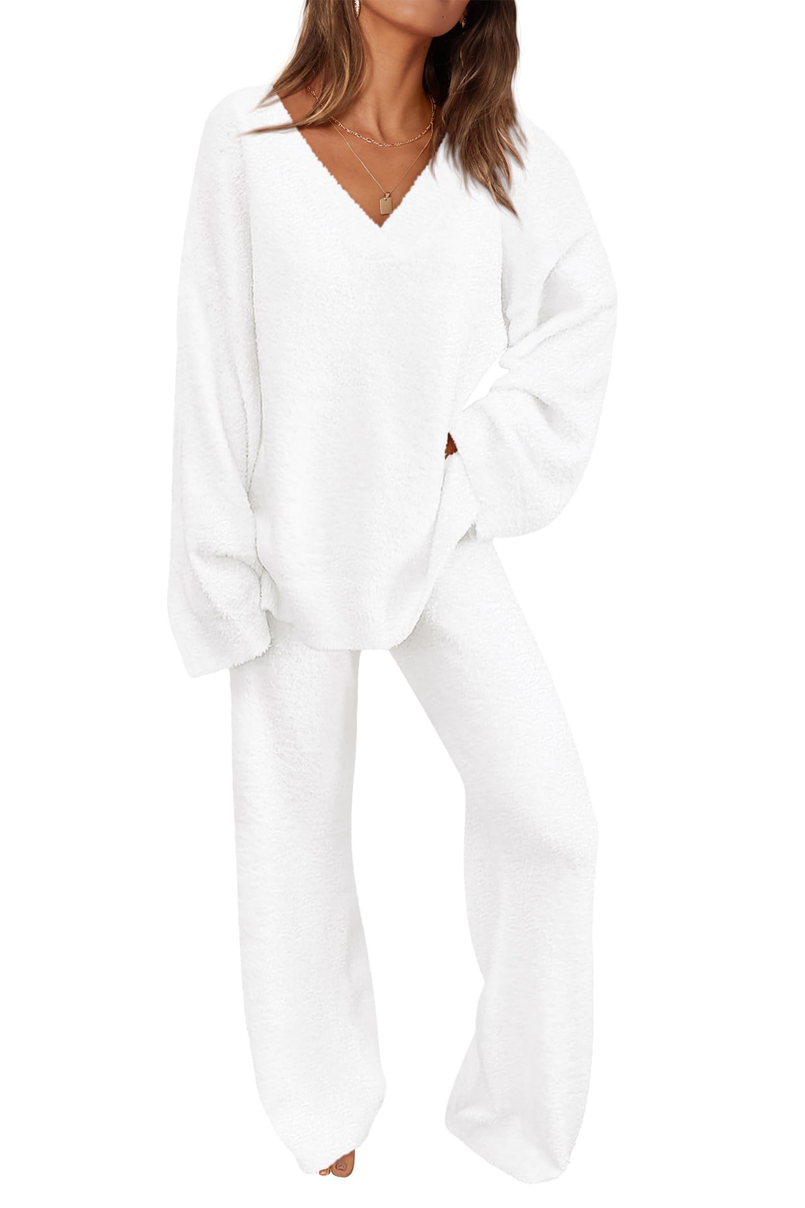 ✨Women's 2 Piece Oversized V Neck Pullover Sweater Fuzzy Lounge Set