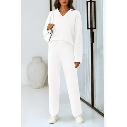 ✨Women's 2 Piece Oversized V Neck Pullover Sweater Fuzzy Lounge Set